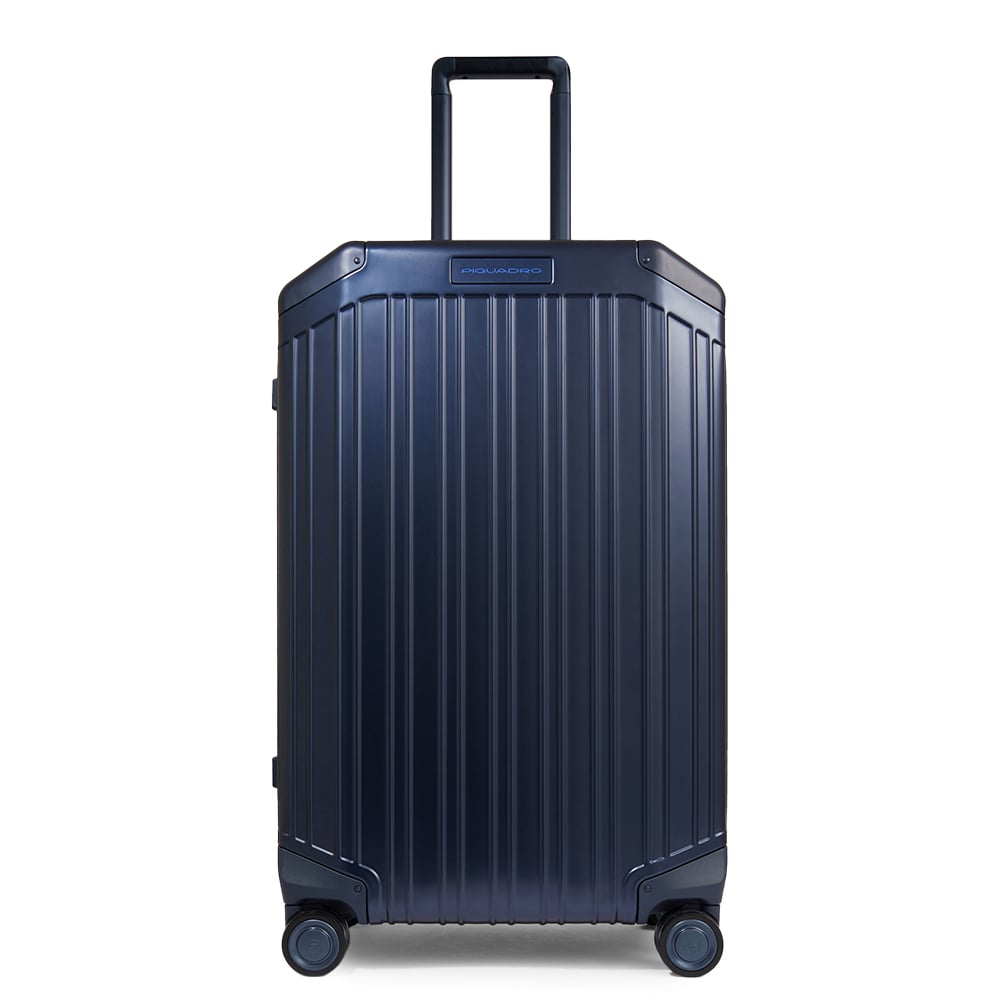 Medium 4-wheel aluminum and leather trolley suitcase with TSA lock and waterproof cover PIQUADRO Blue