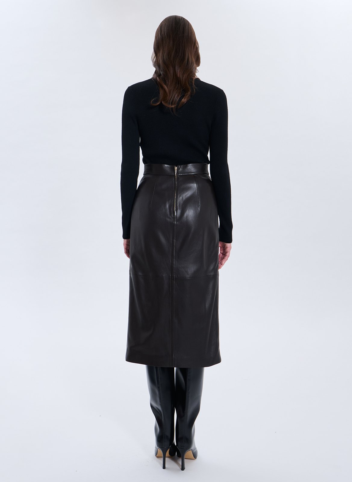 Jupe midi crayon en cuir ZAPA Marron