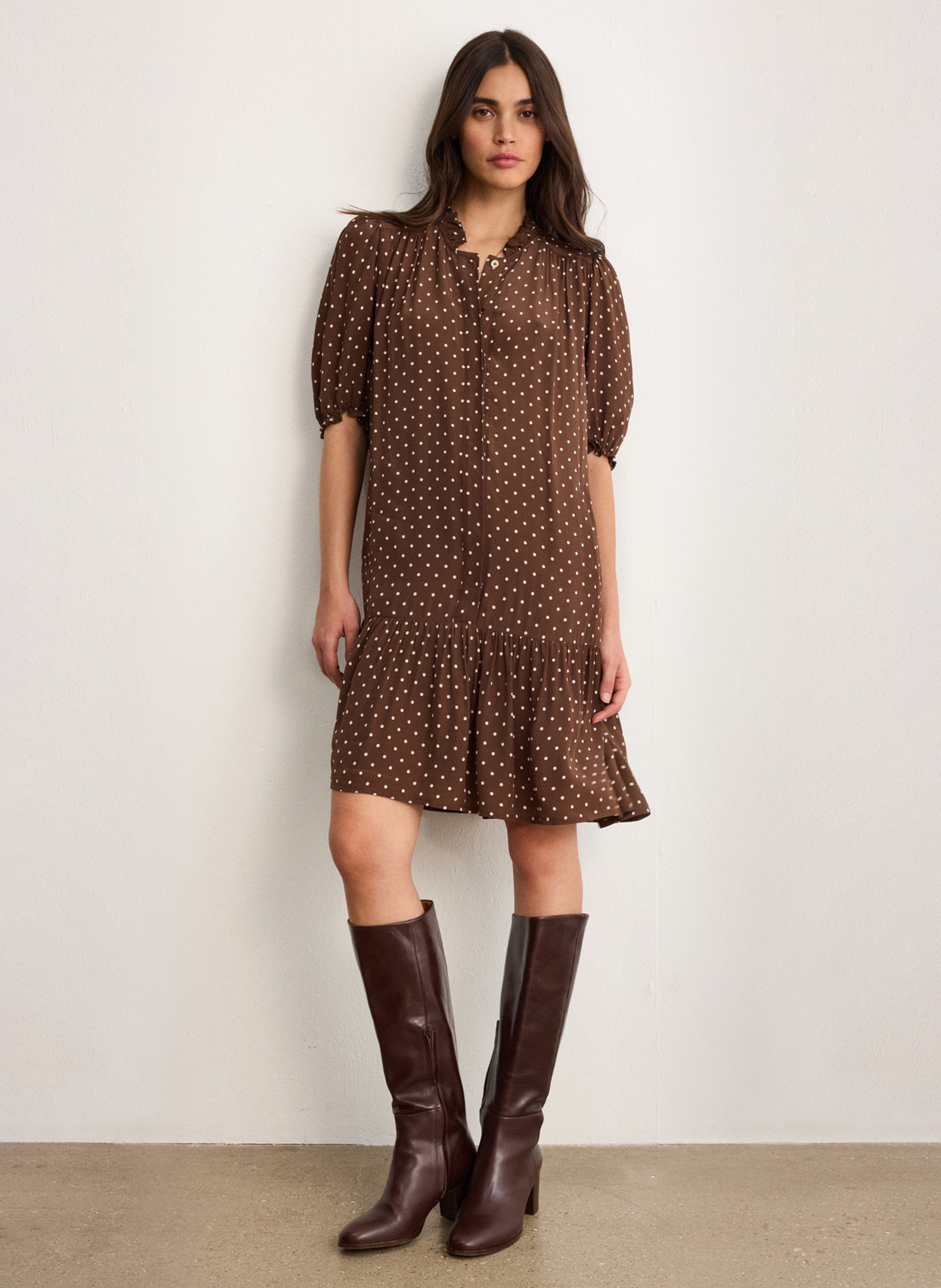 Loose-fitting high-neck polka dot dress PABLO Brown