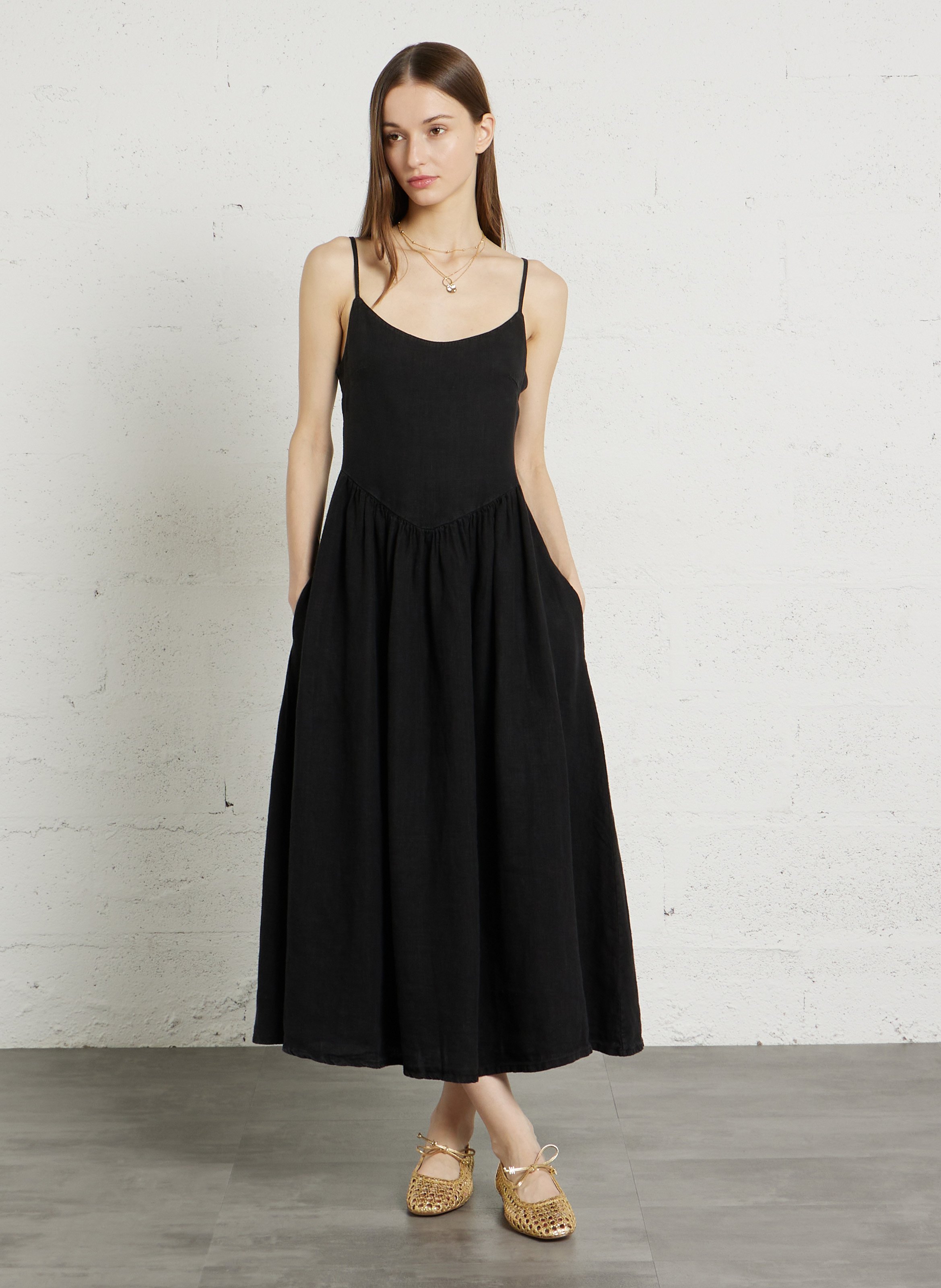 Lange jurk met ronde hals in katoen en linnenmix THE NEW SOCIETY Zwart