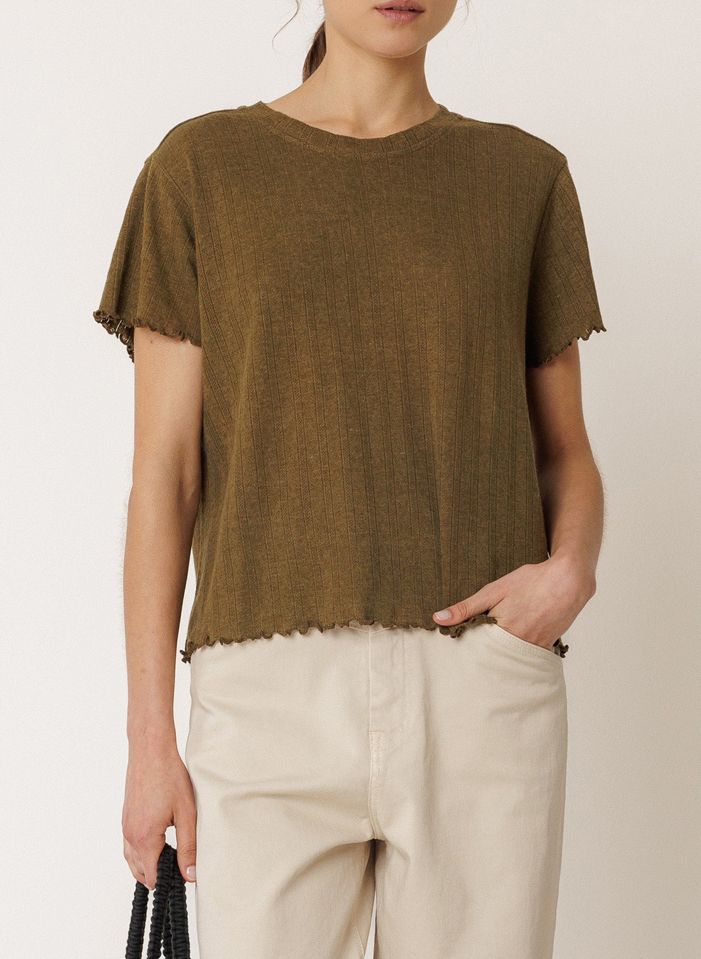 Boxy ronde hals t-shirt van gemengd katoen INDI & COLD Kaki