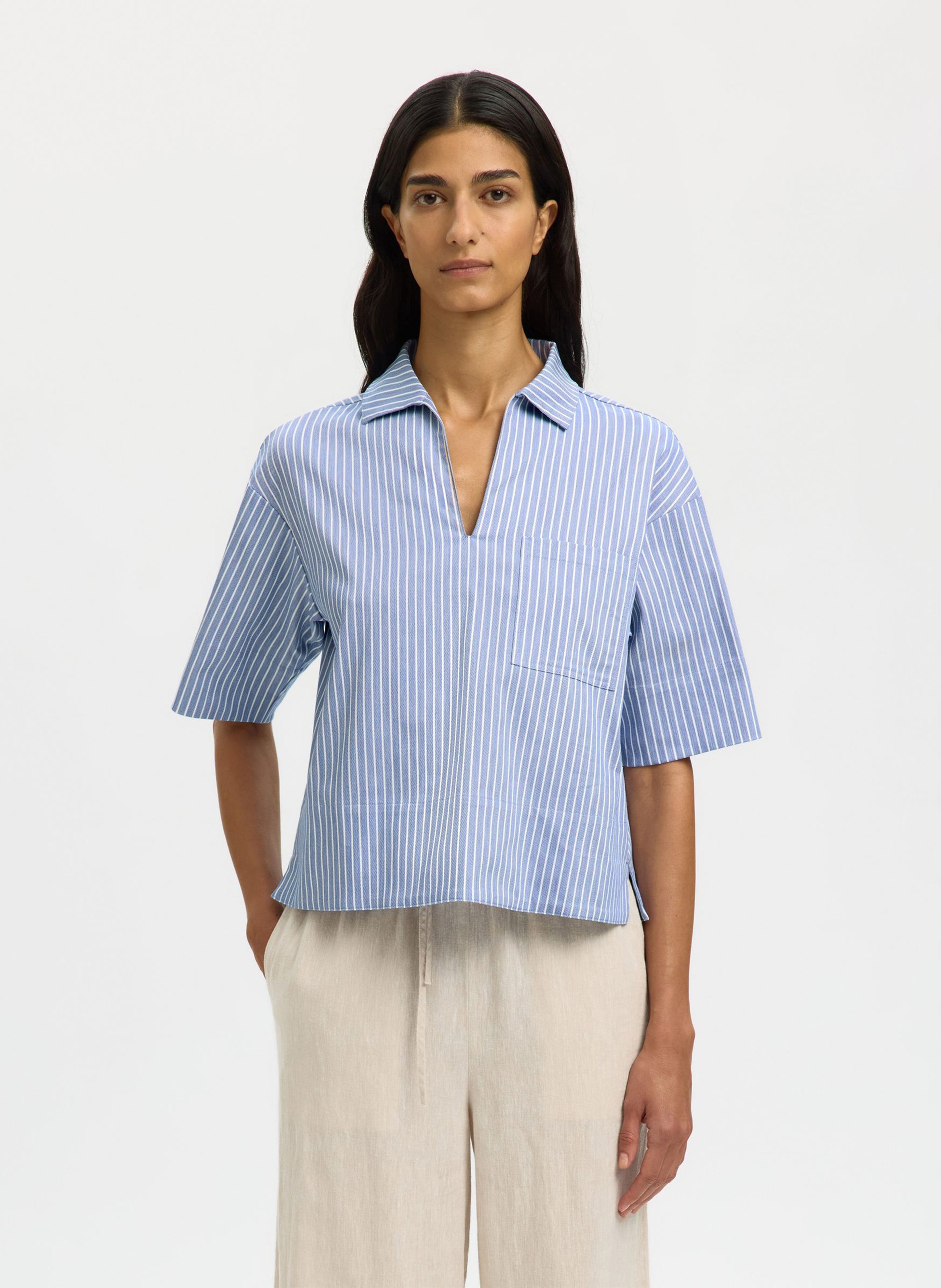 Straight classic collar blouse in striped organic cotton SELECTED Blue