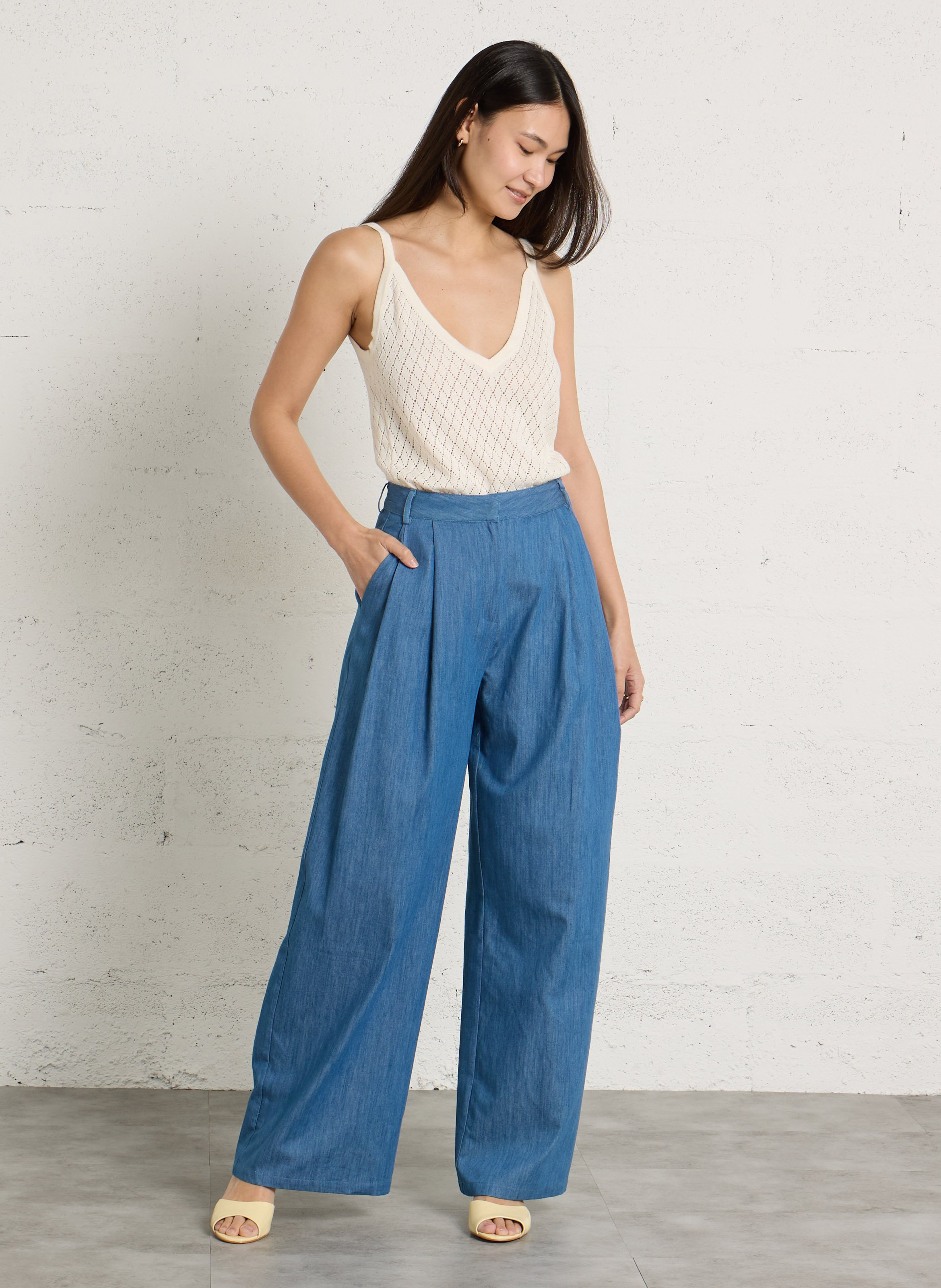 Pantalon large taille haute en coton LA PETITE ETOILE Bleu