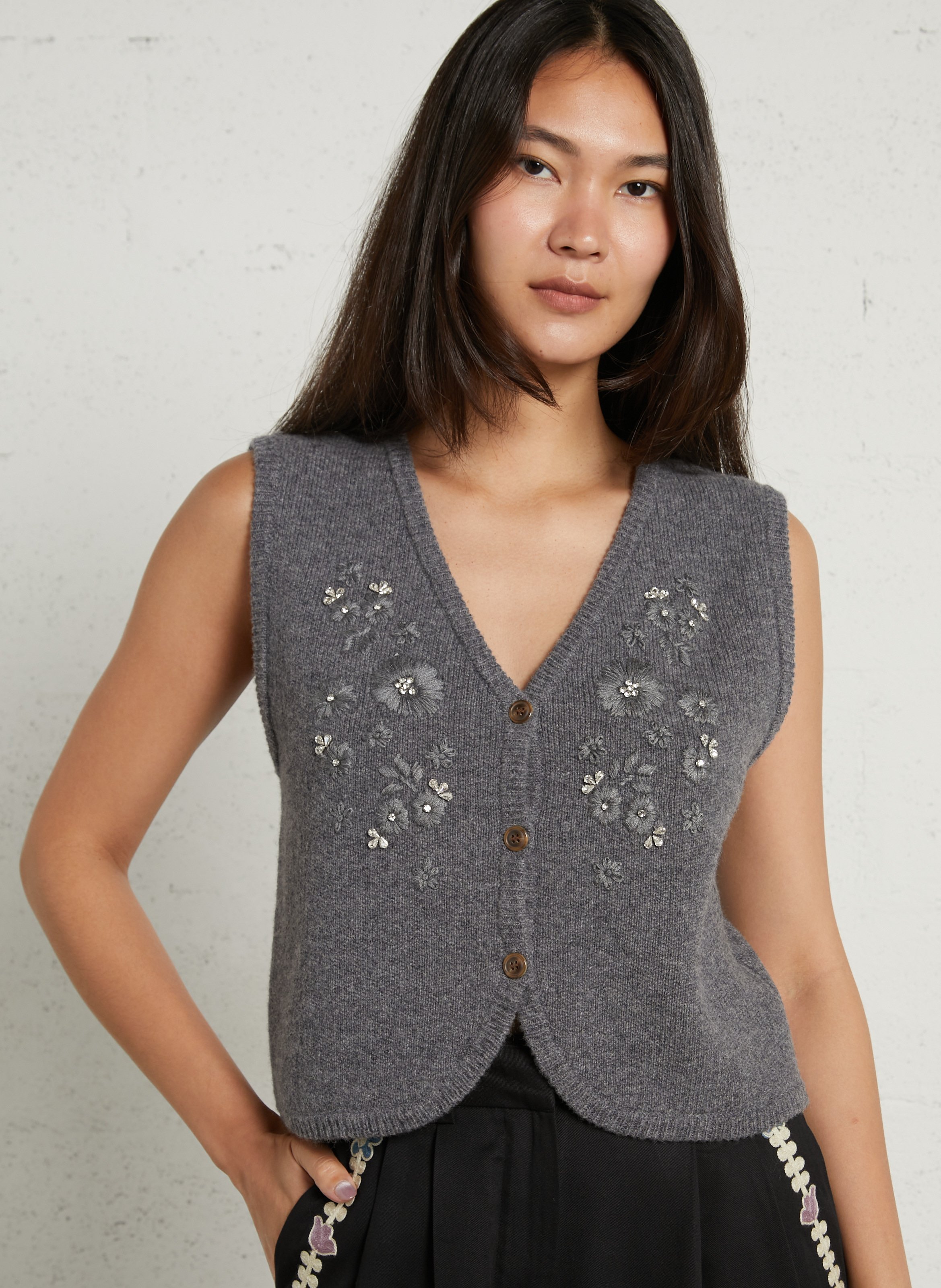 Gilet sans manches brodé en laine LOUISE MISHA Gris
