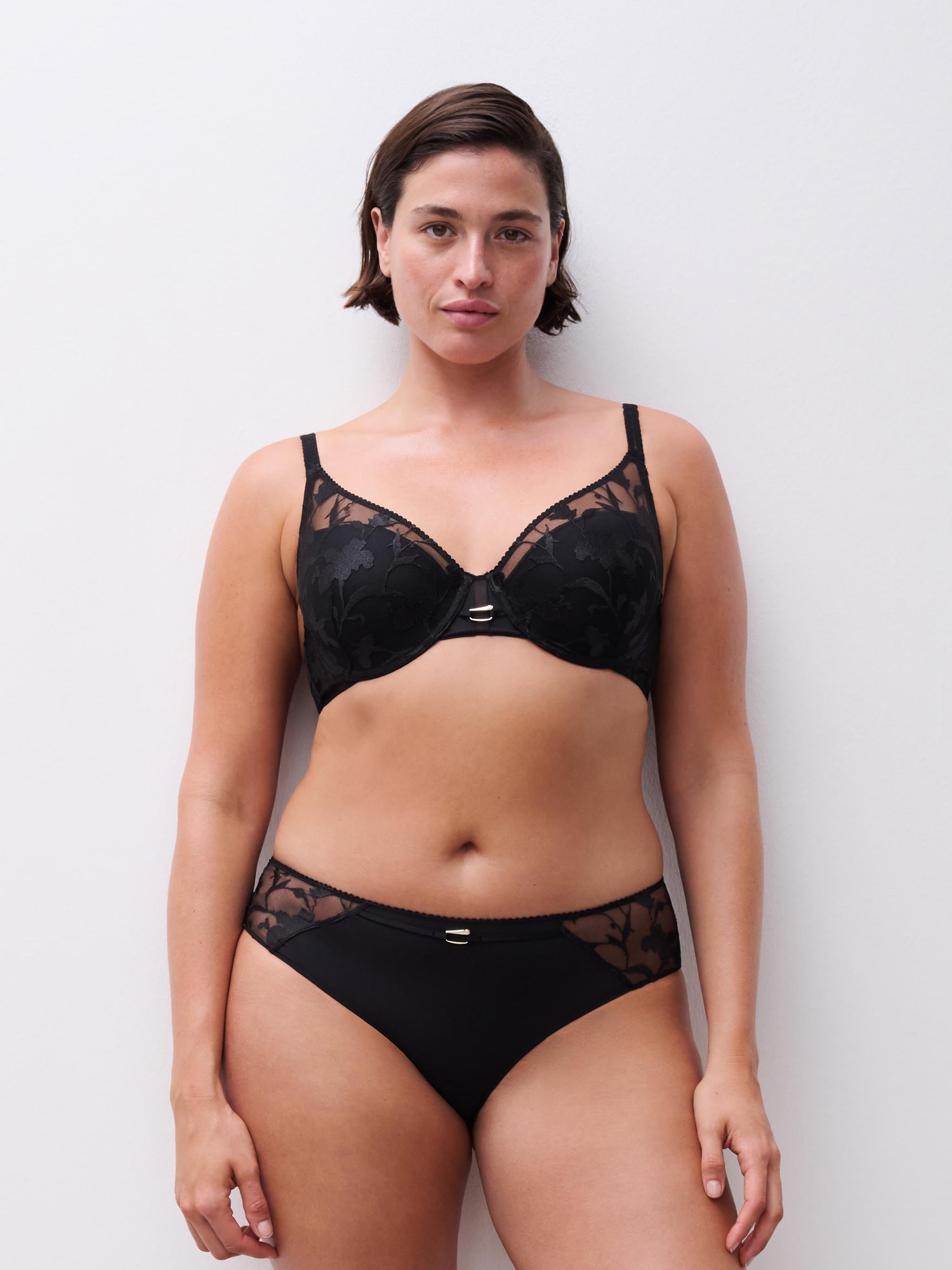 Plunging spacer bra with floral embroidery. CHANTELLE Black