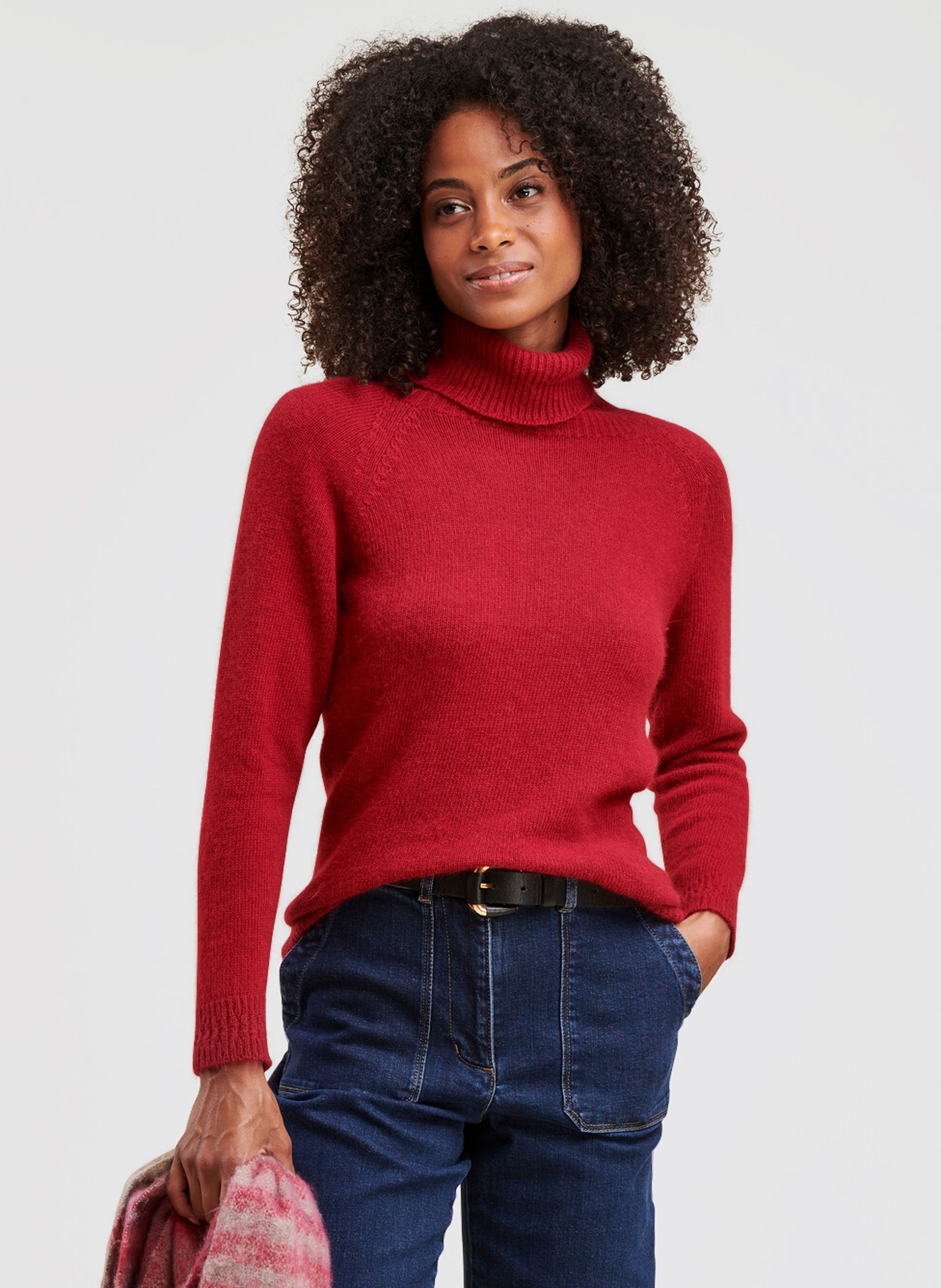 Pull col 2025 roulé rouge femme