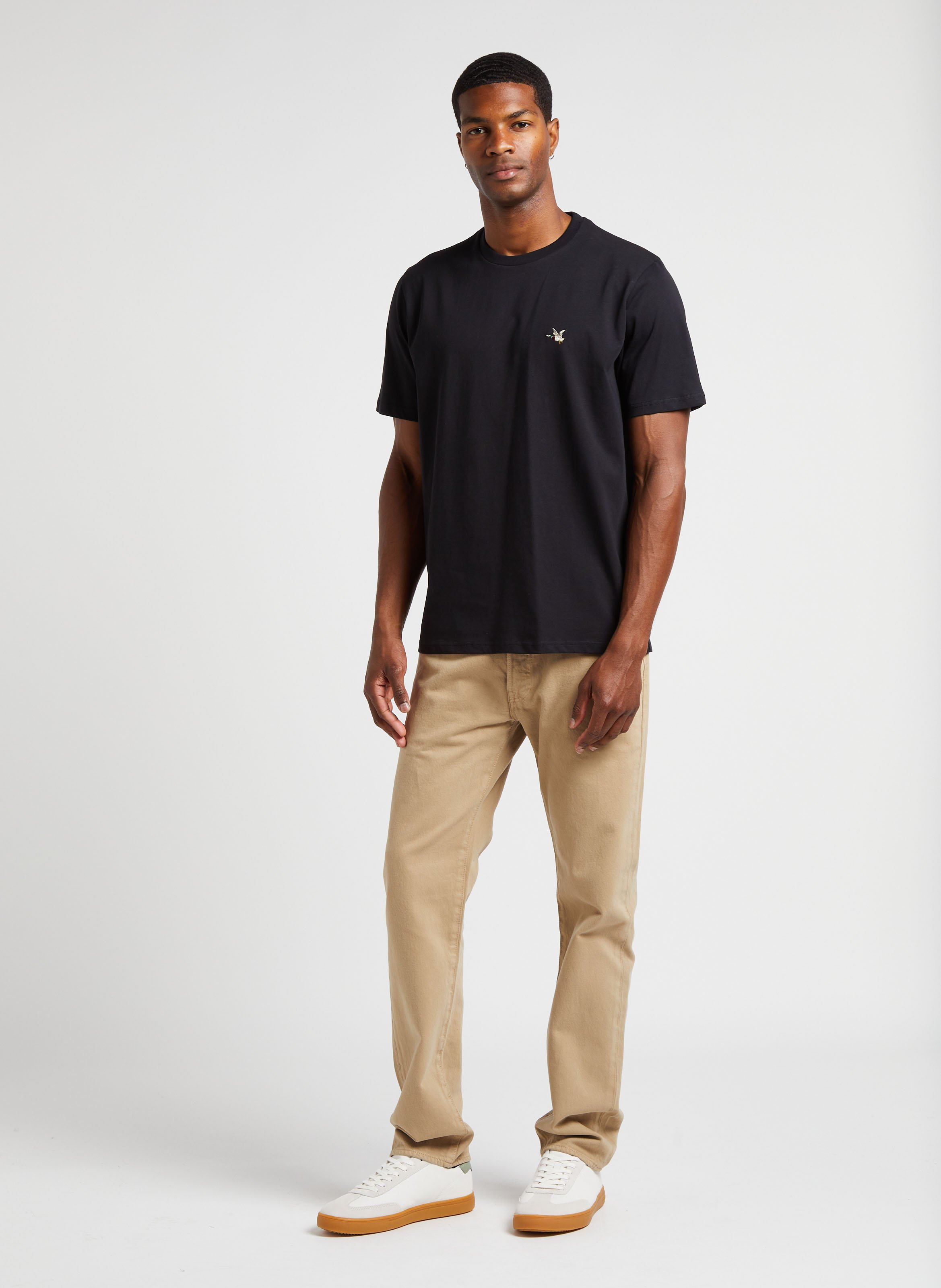 Tee-shirt droit col rond brodé en coton Noir