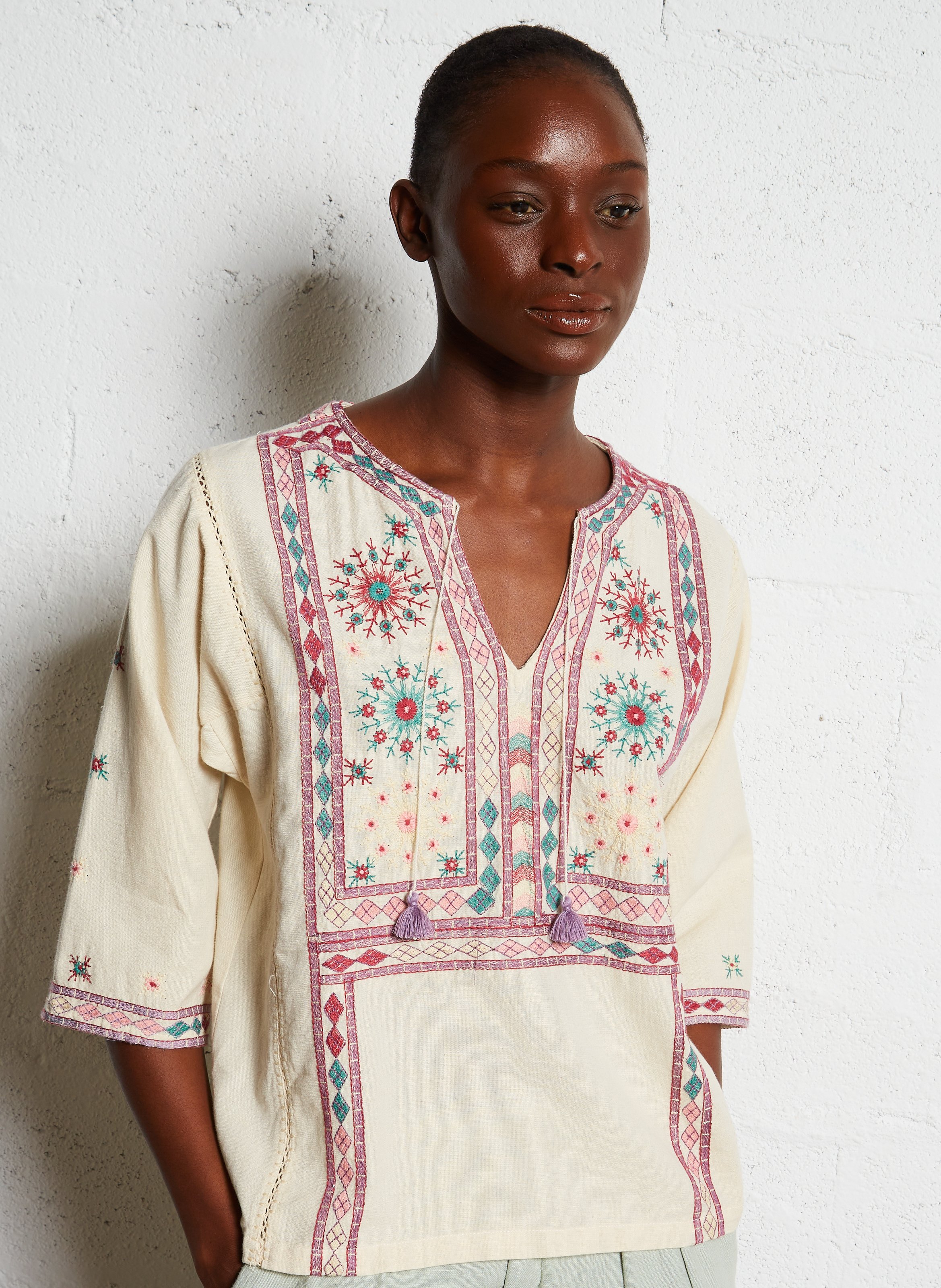 Embroidered cotton V-neck blouse MAISON HOTEL Beige