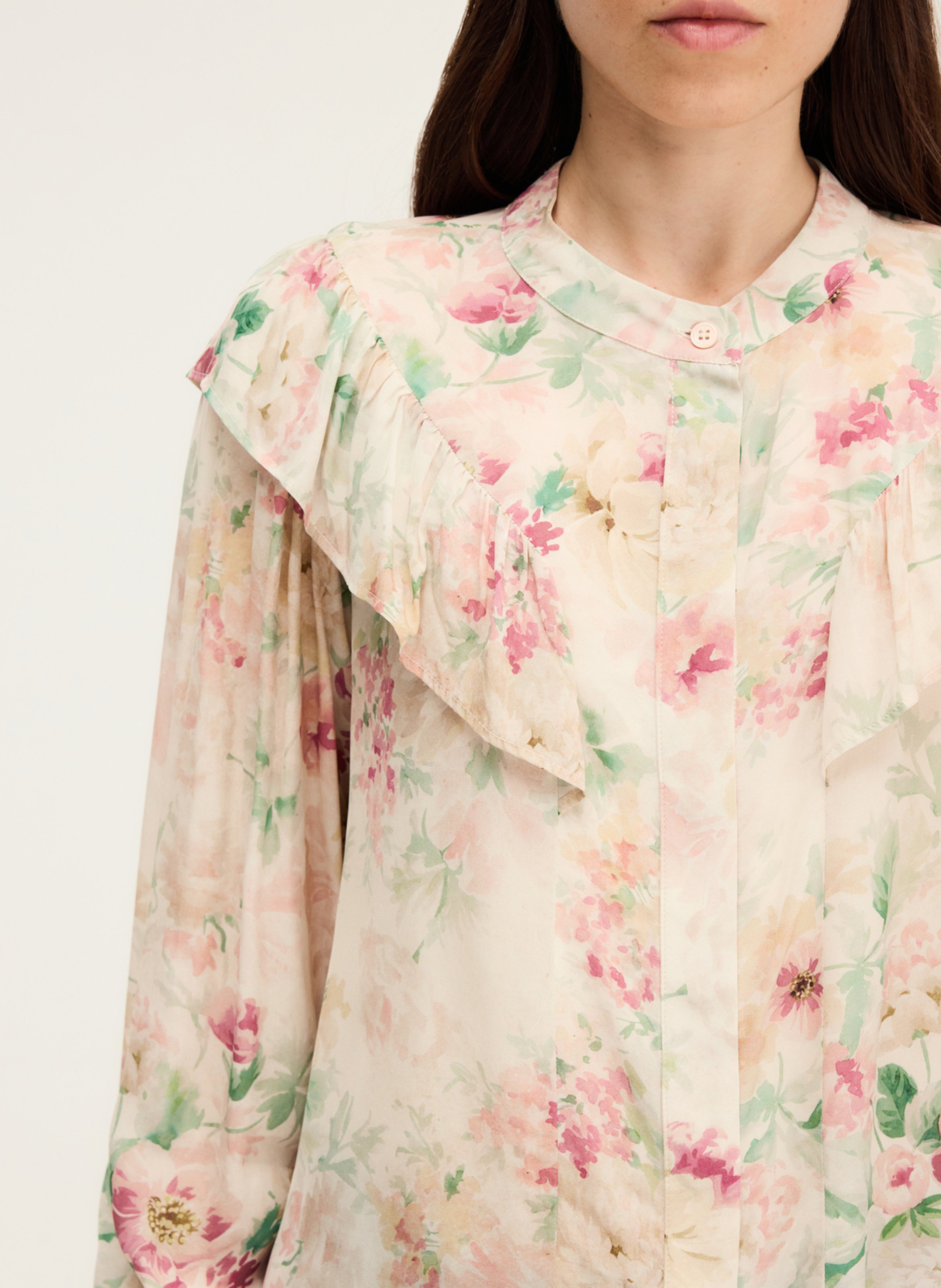 Chemise droite col mao fleuri PABLO Beige