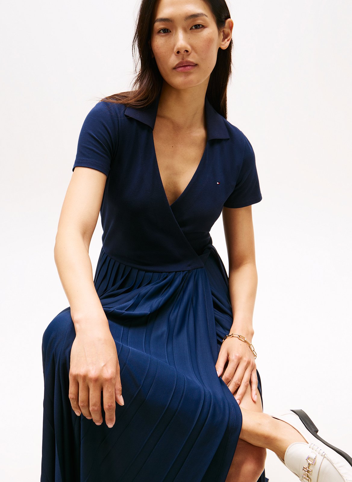 Robe longue col v à revers TOMMY HILFIGER Bleu