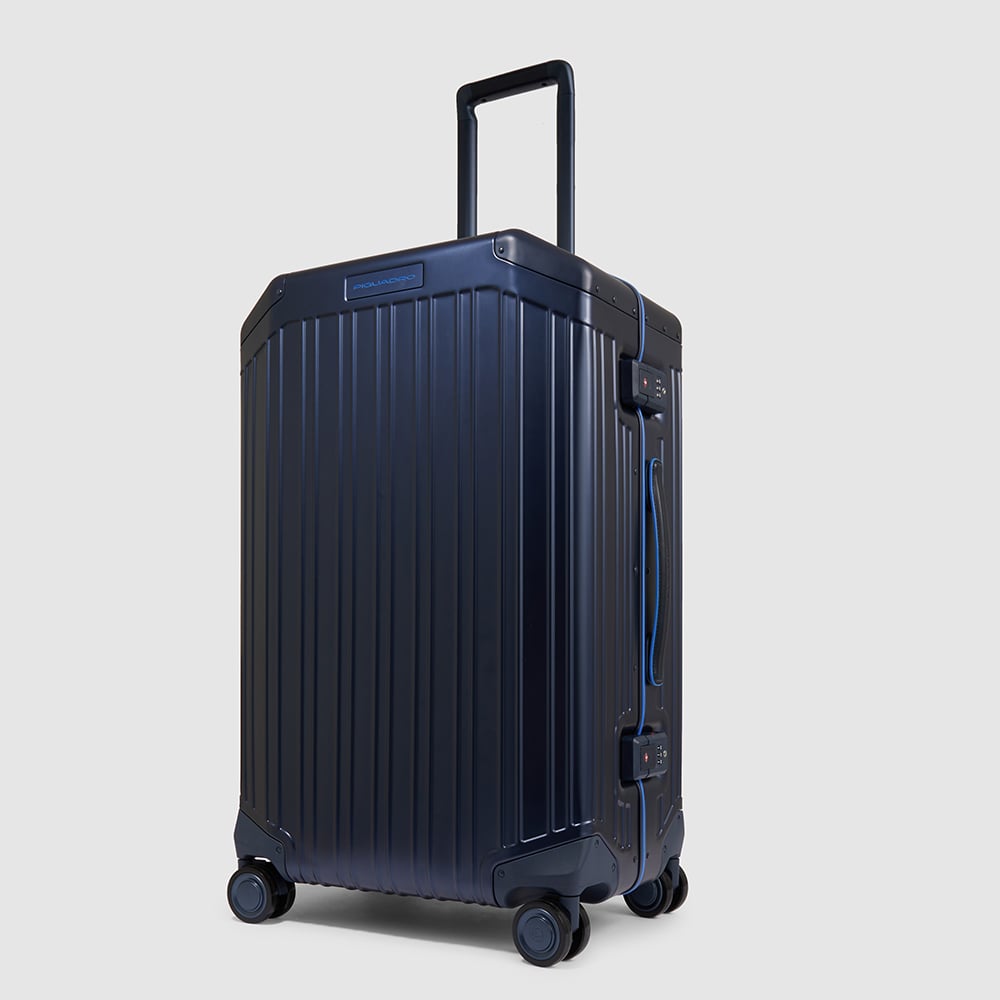 Medium 4-wheel aluminum and leather trolley suitcase with TSA lock and waterproof cover PIQUADRO Blue