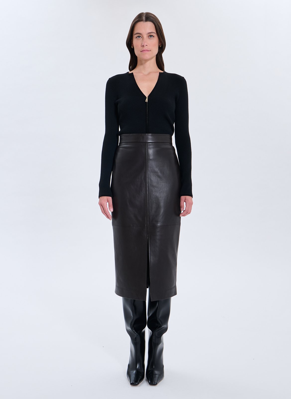 Jupe midi crayon en cuir ZAPA Marron