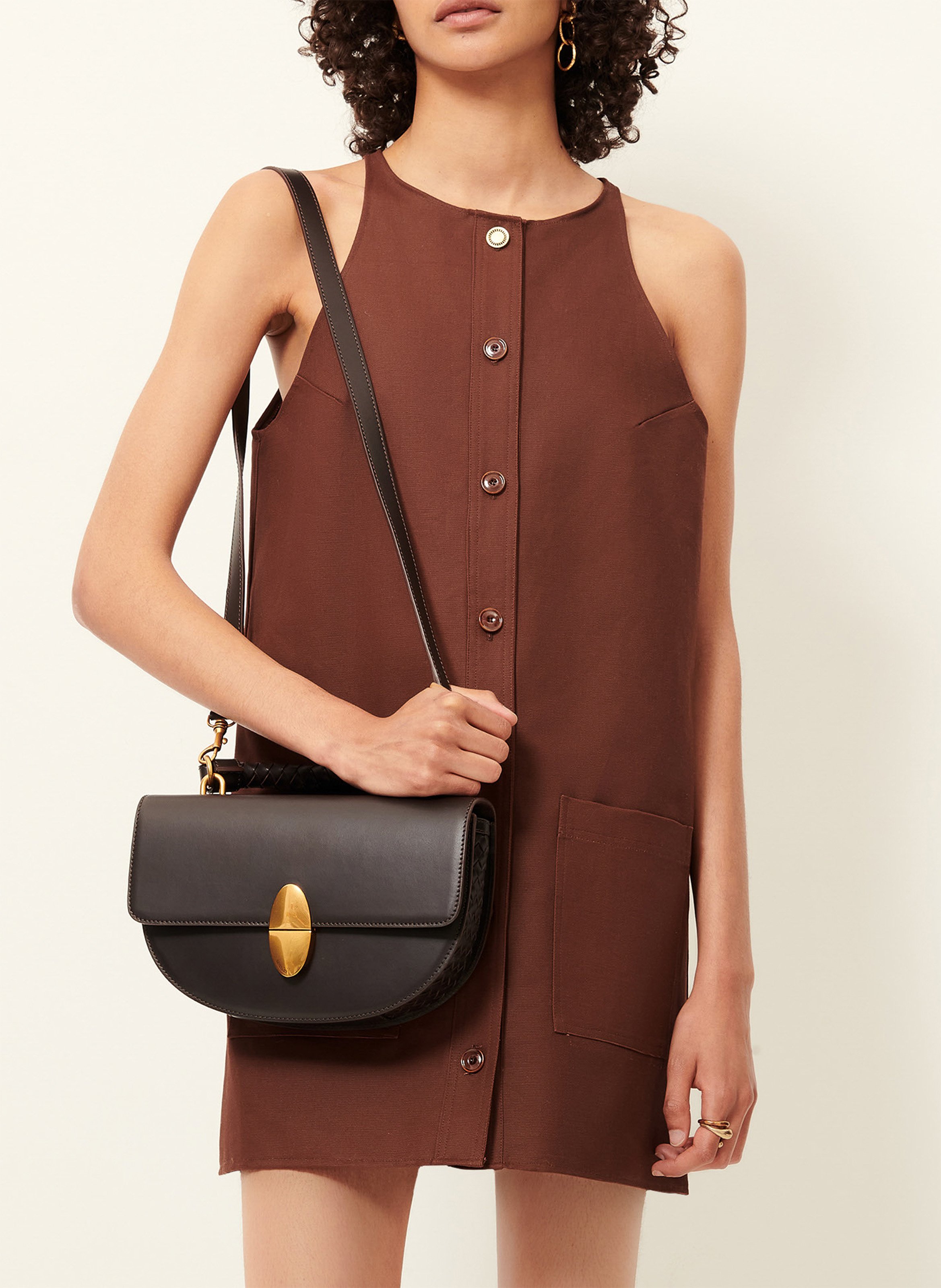 Short dress with round neck in cotton and linen blend SESSUN Brown