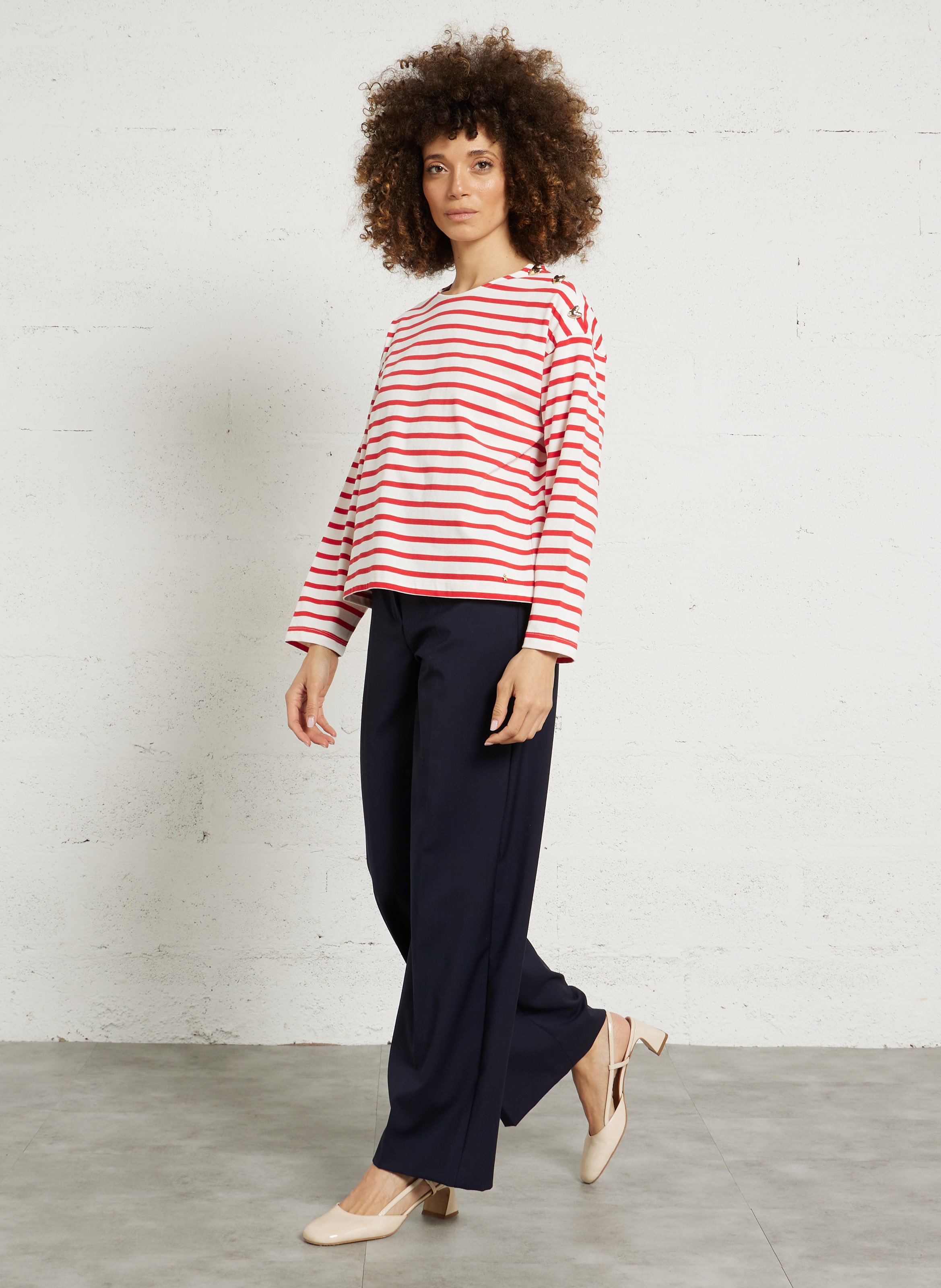 Tee-shirt droit rayé à détail boutonné DES PETITS HAUTS Rouge