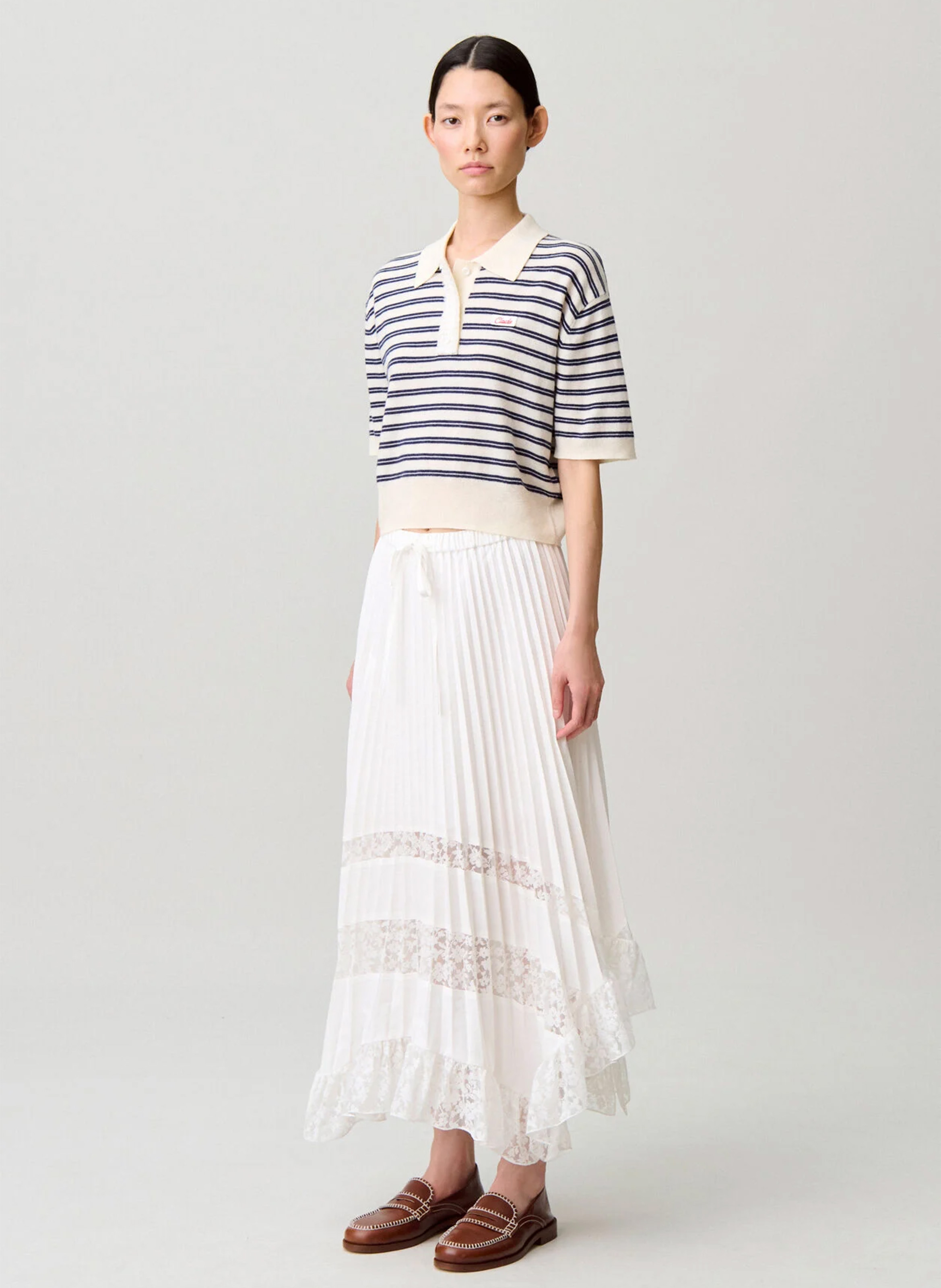 Jupe longue plissée à dentelle CLAUDIE PIERLOT Beige