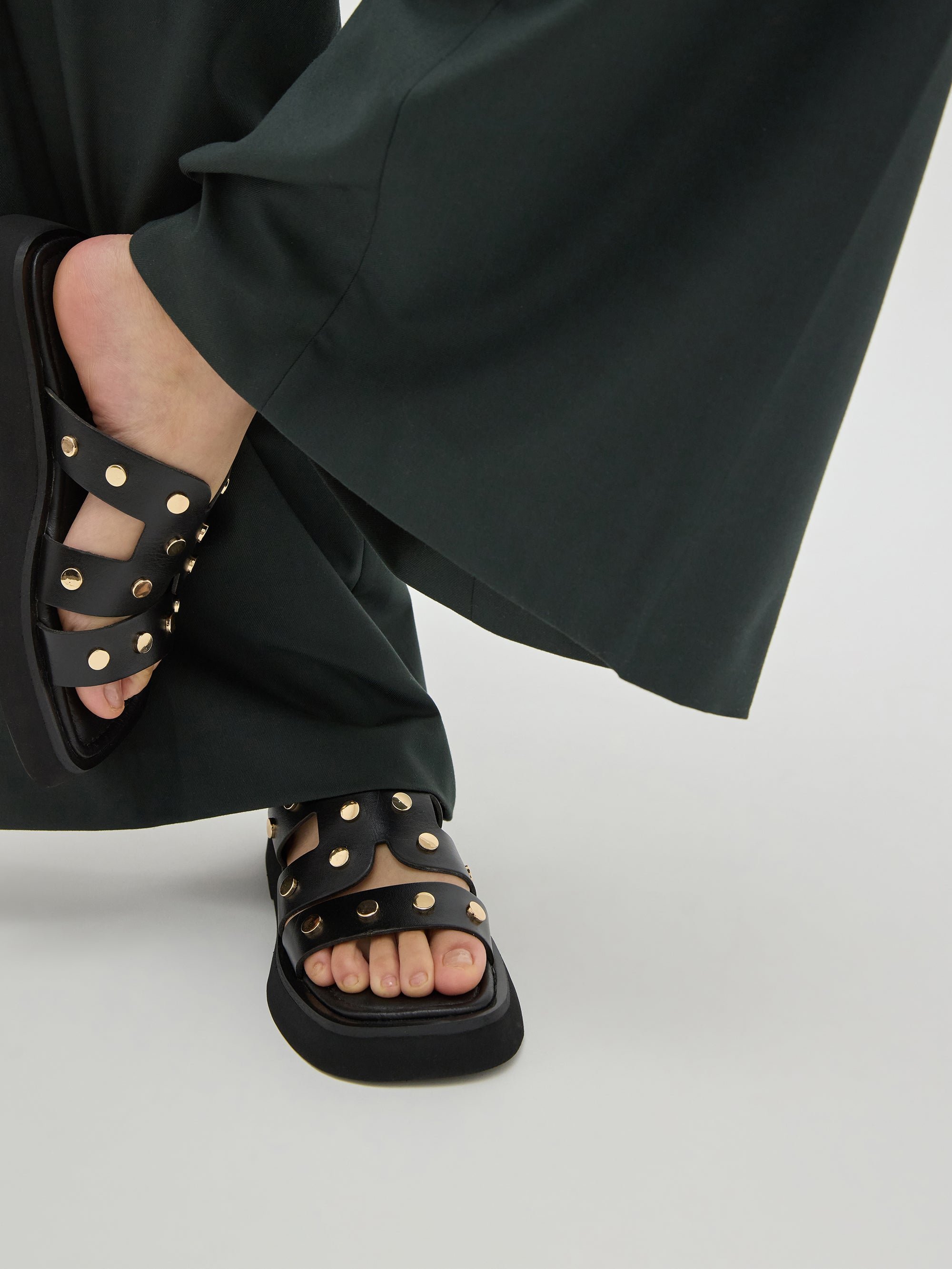 Flat leather mules with studded straps VANESSA WU Black