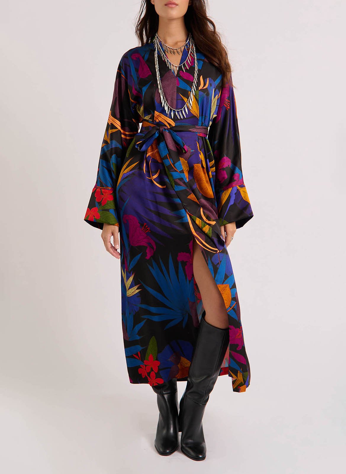 Robe longue col V imprimée WILD Noir