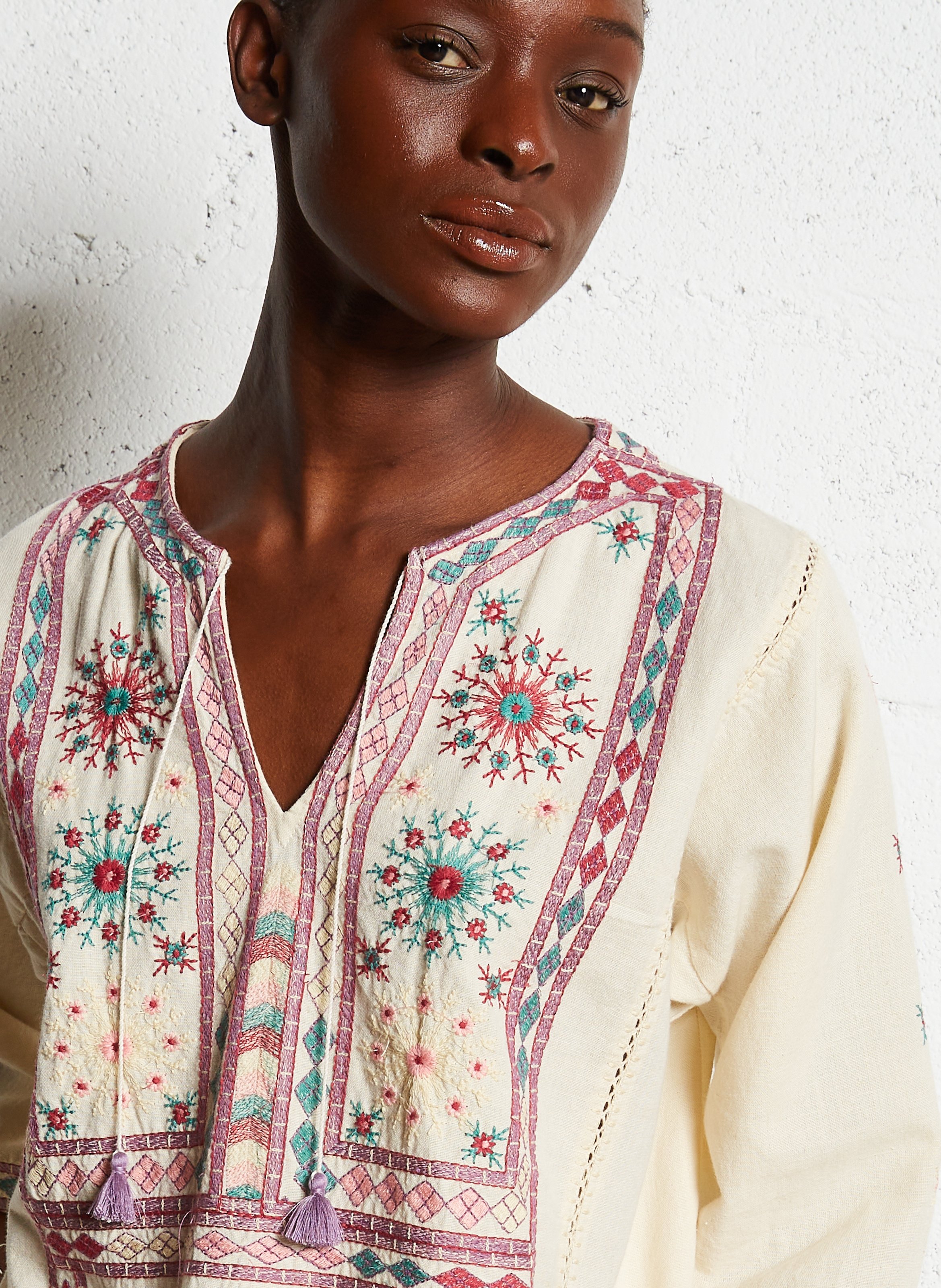 Embroidered cotton V-neck blouse MAISON HOTEL Beige