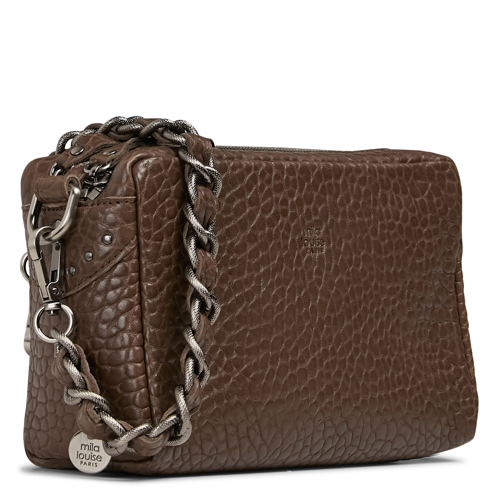 Leren schoudertas met motief in reliëf MILA LOUISE Kaki