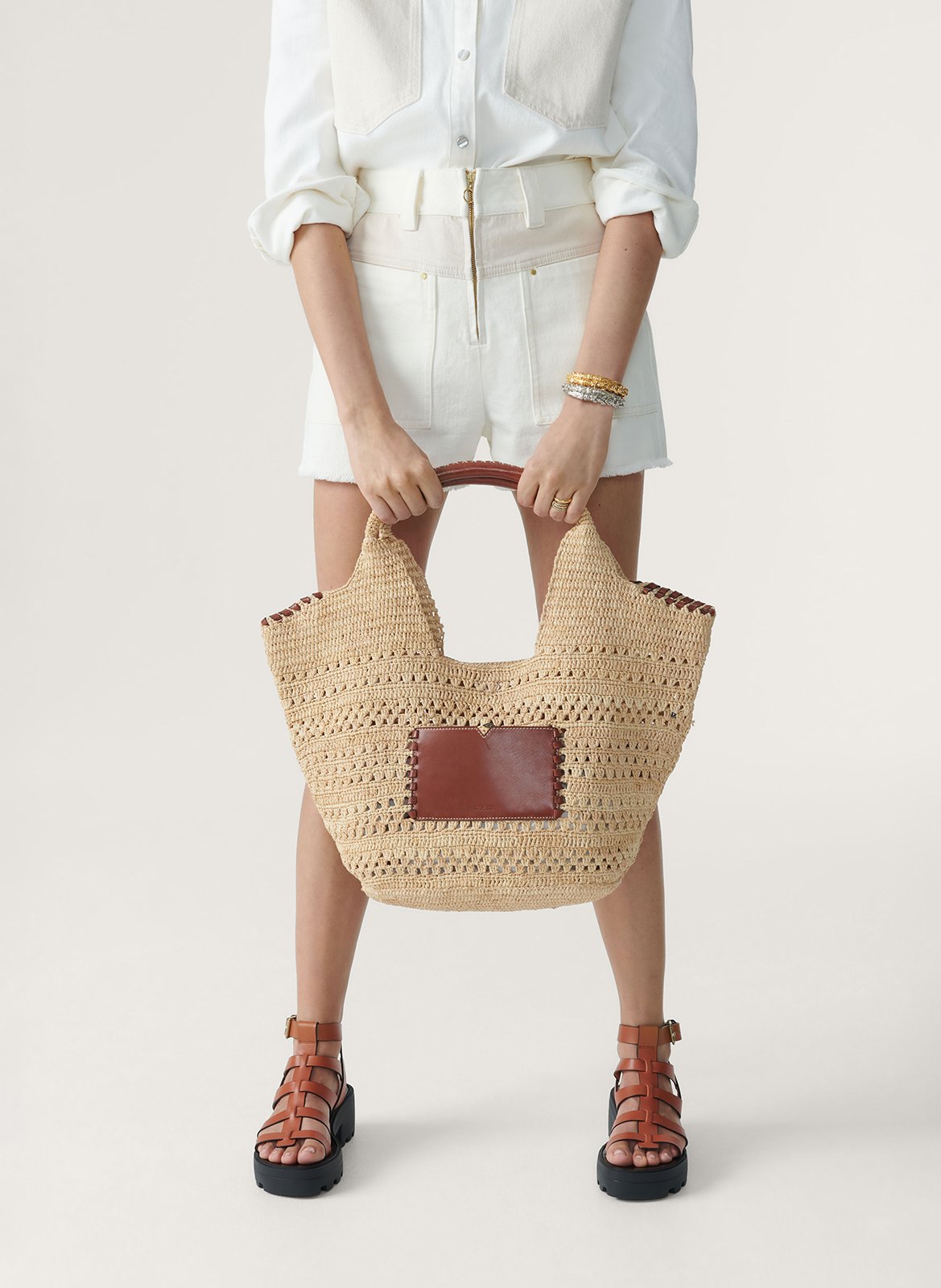 Sac cabas en paille et cuir BA&SH Marron