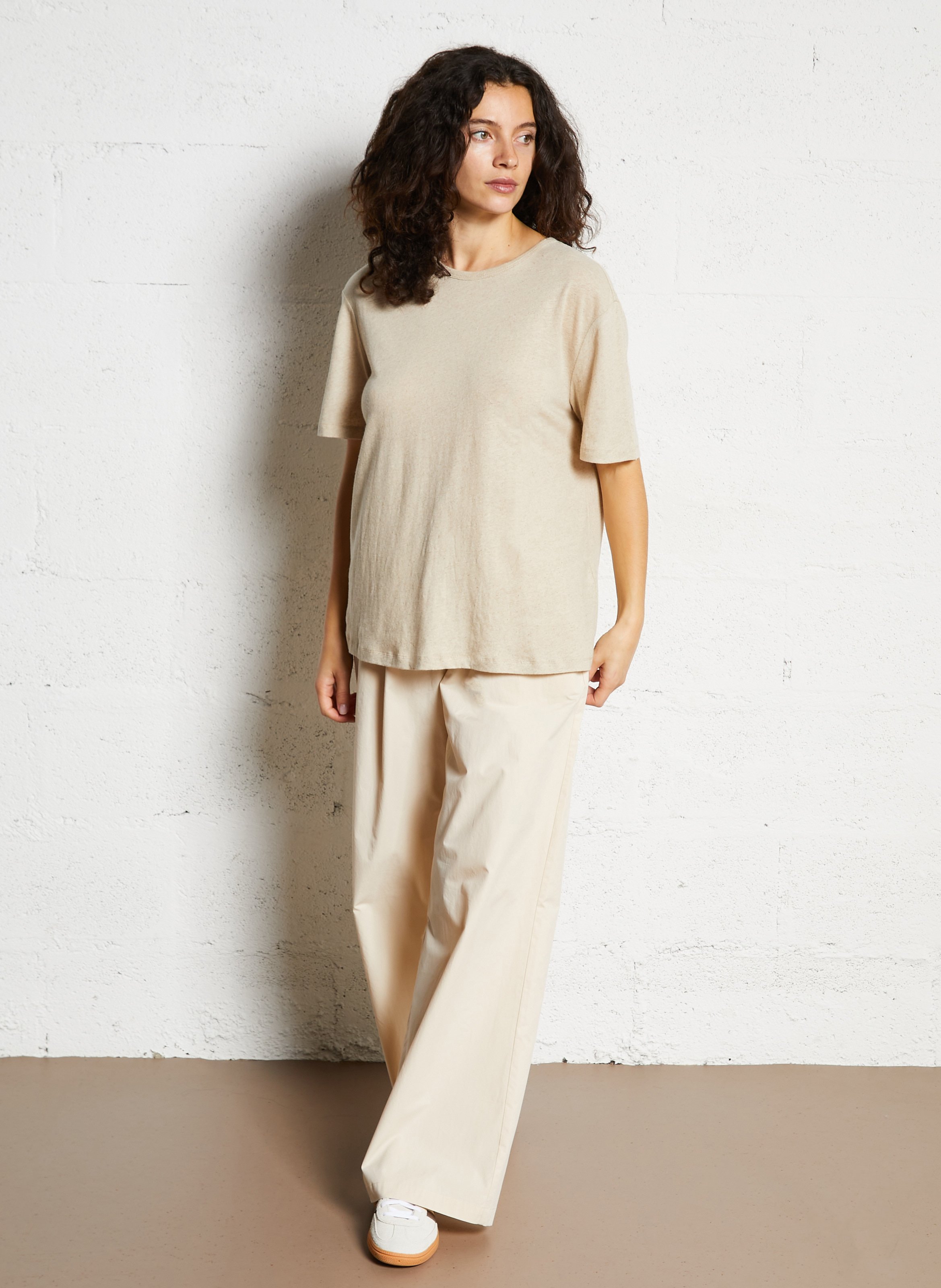 Tee-shirt droit col rond en lin et coton JC SOPHIE Beige