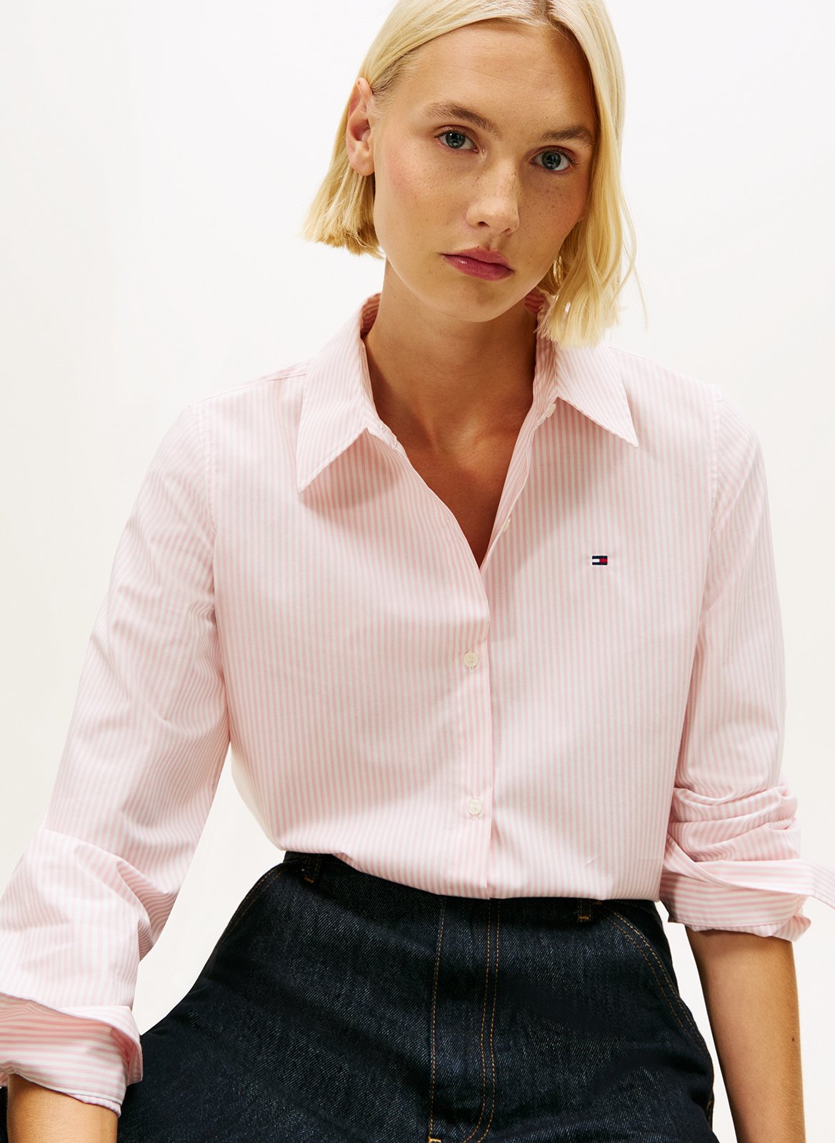 Chemise droite col classique en coton mélangé rayé TOMMY HILFIGER Rose