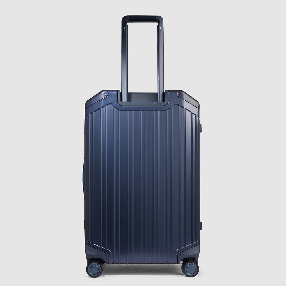 Medium 4-wheel aluminum and leather trolley suitcase with TSA lock and waterproof cover PIQUADRO Blue