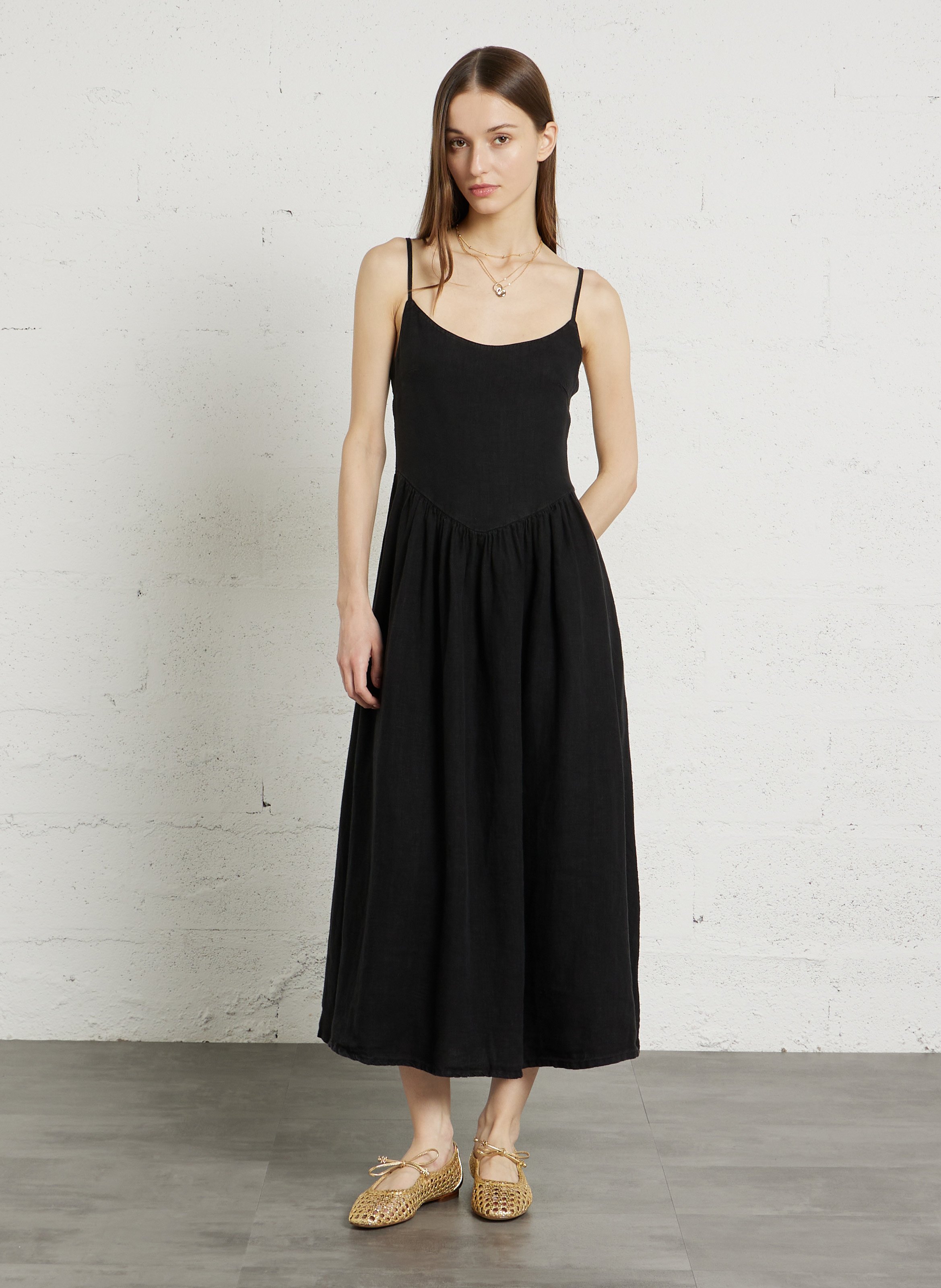 Lange jurk met ronde hals in katoen en linnenmix THE NEW SOCIETY Zwart