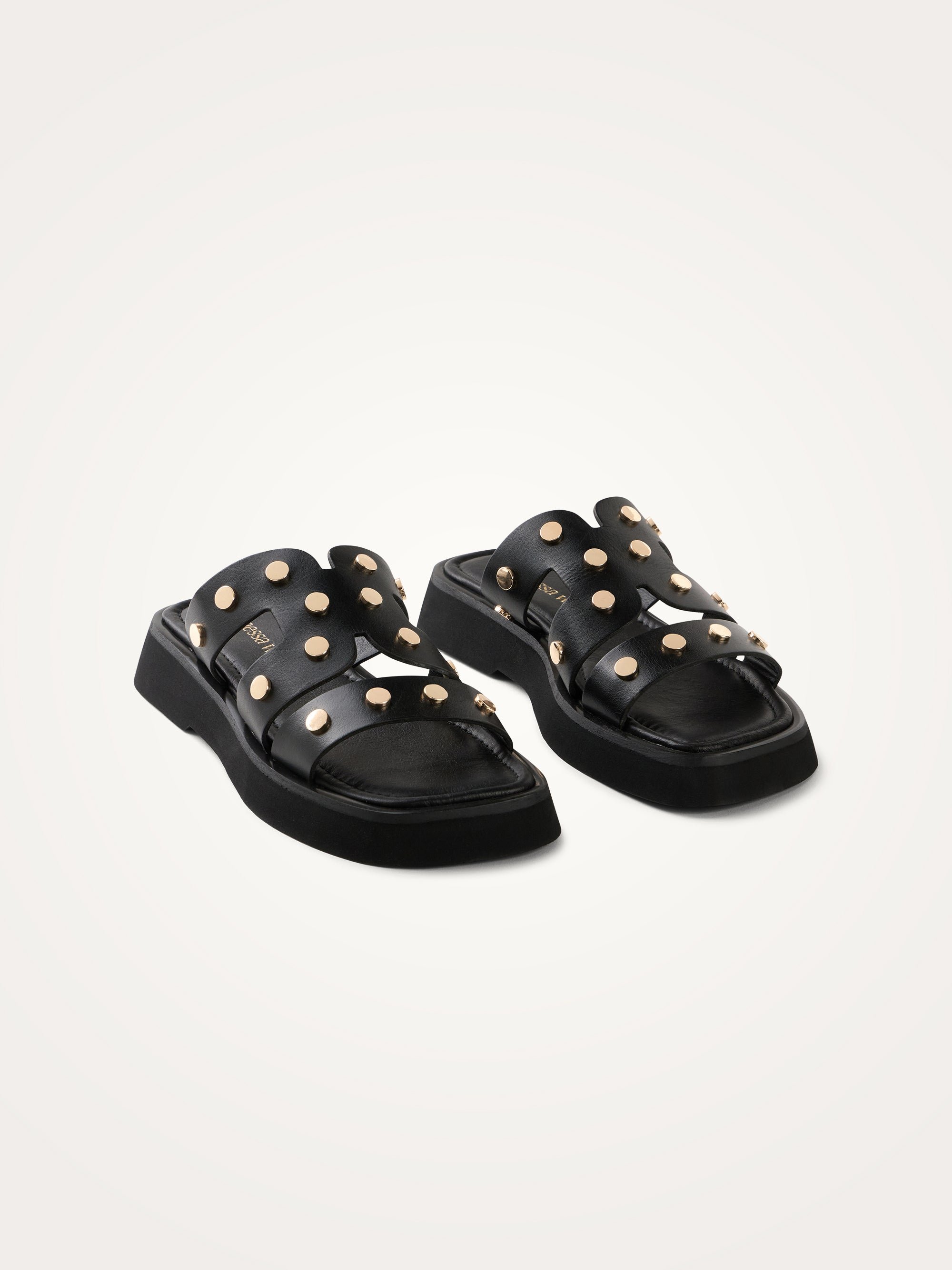 Flat leather mules with studded straps VANESSA WU Black