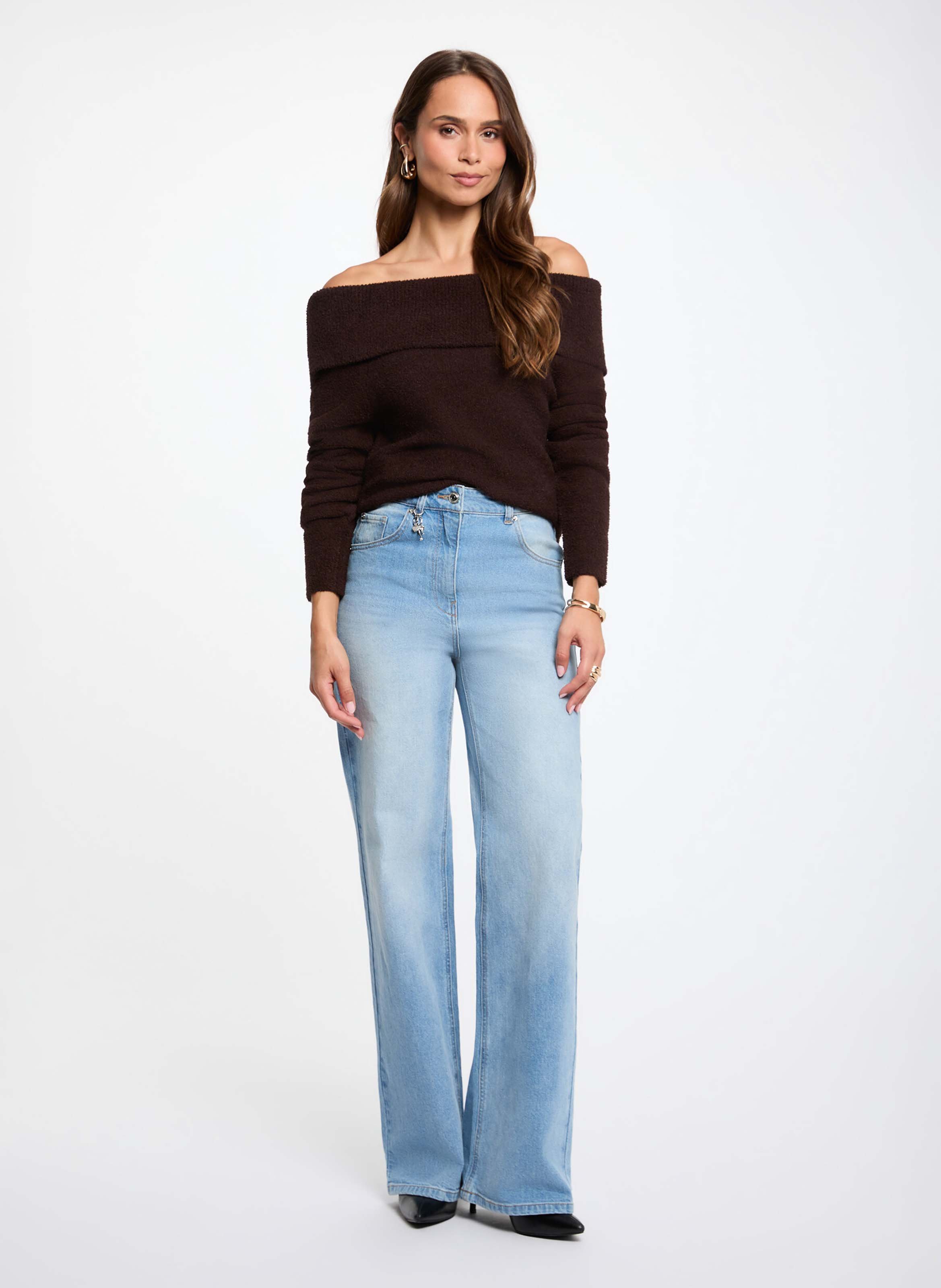 Fitted off-the-shoulder knit sweater | Brown MORGAN Women