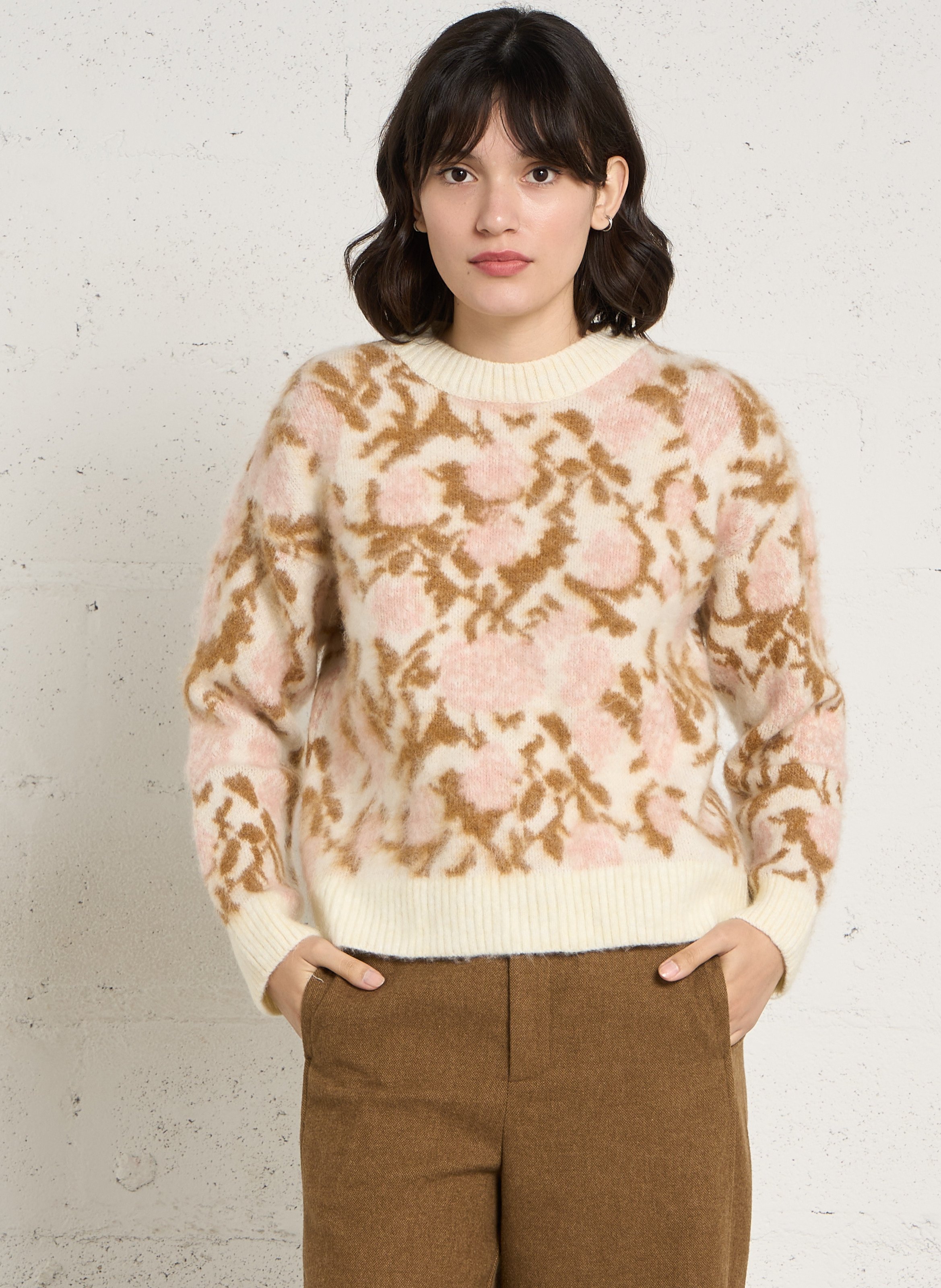 Gerade geschnittener Rundhalspullover mit Print MAISON 123 Beige