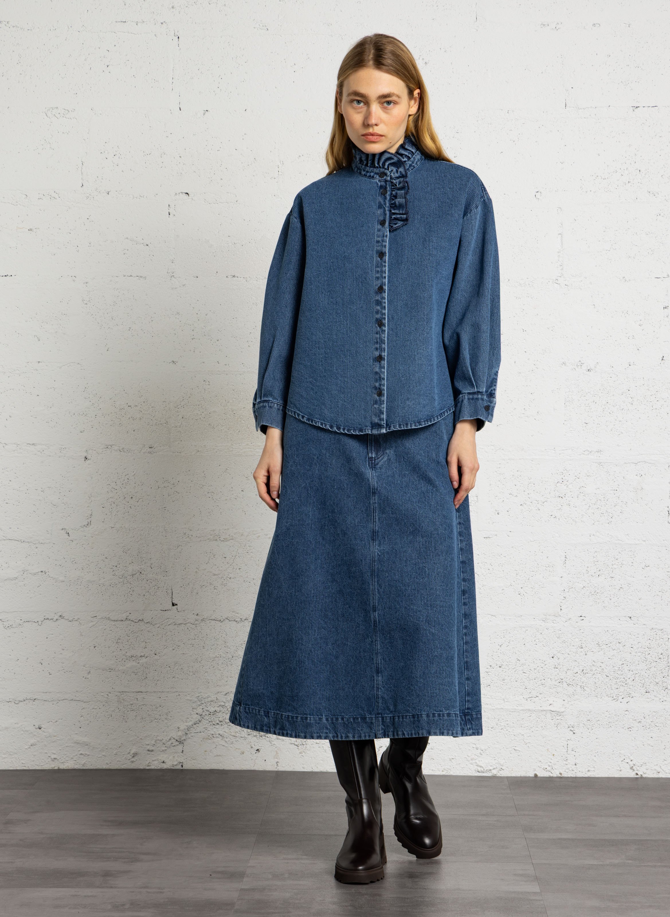 High-neck cotton denim shirt SUZIE WINKLE Blue