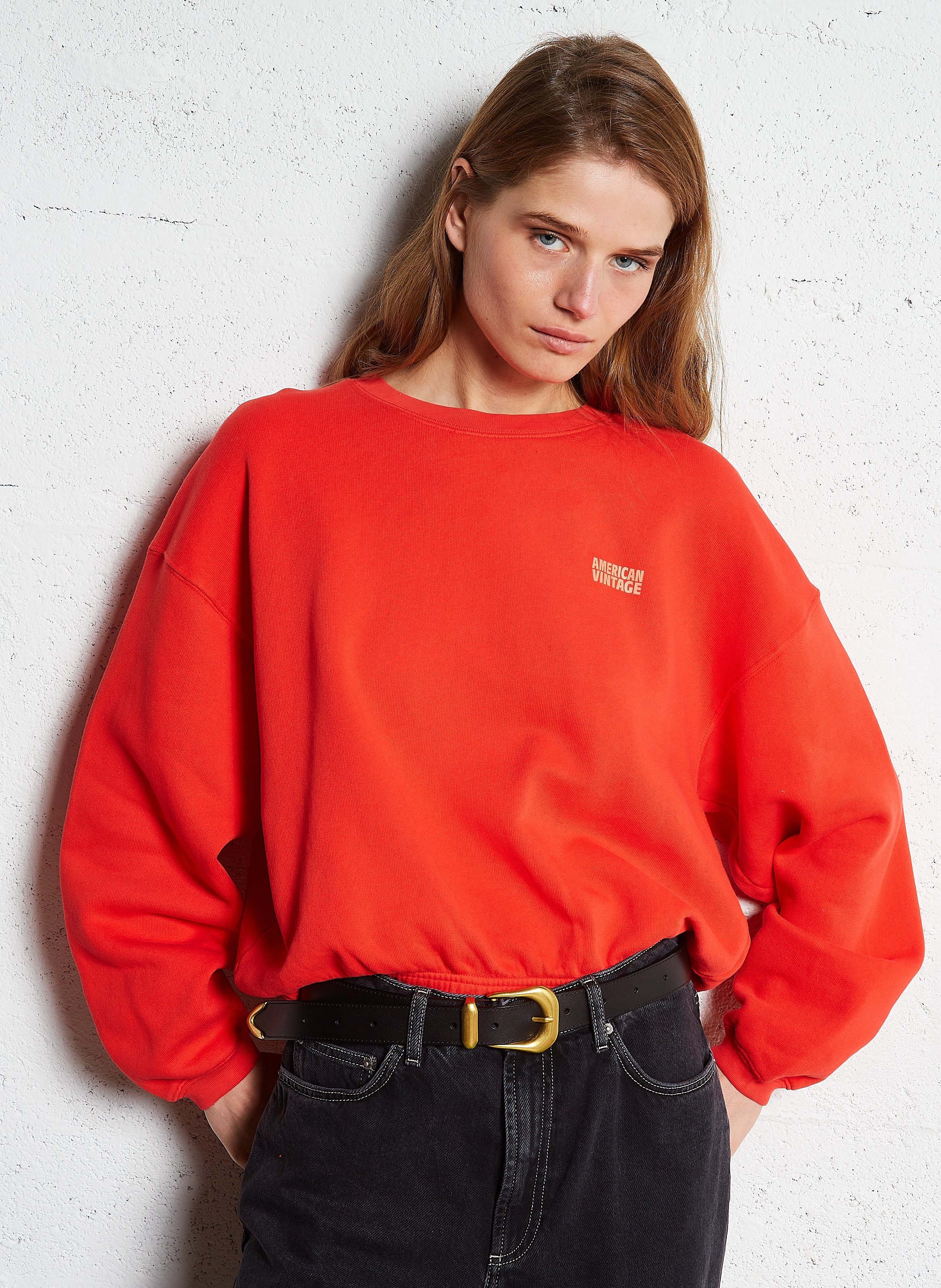 Sweat court col rond en coton mélangé  AMERICAN VINTAGE Rouge