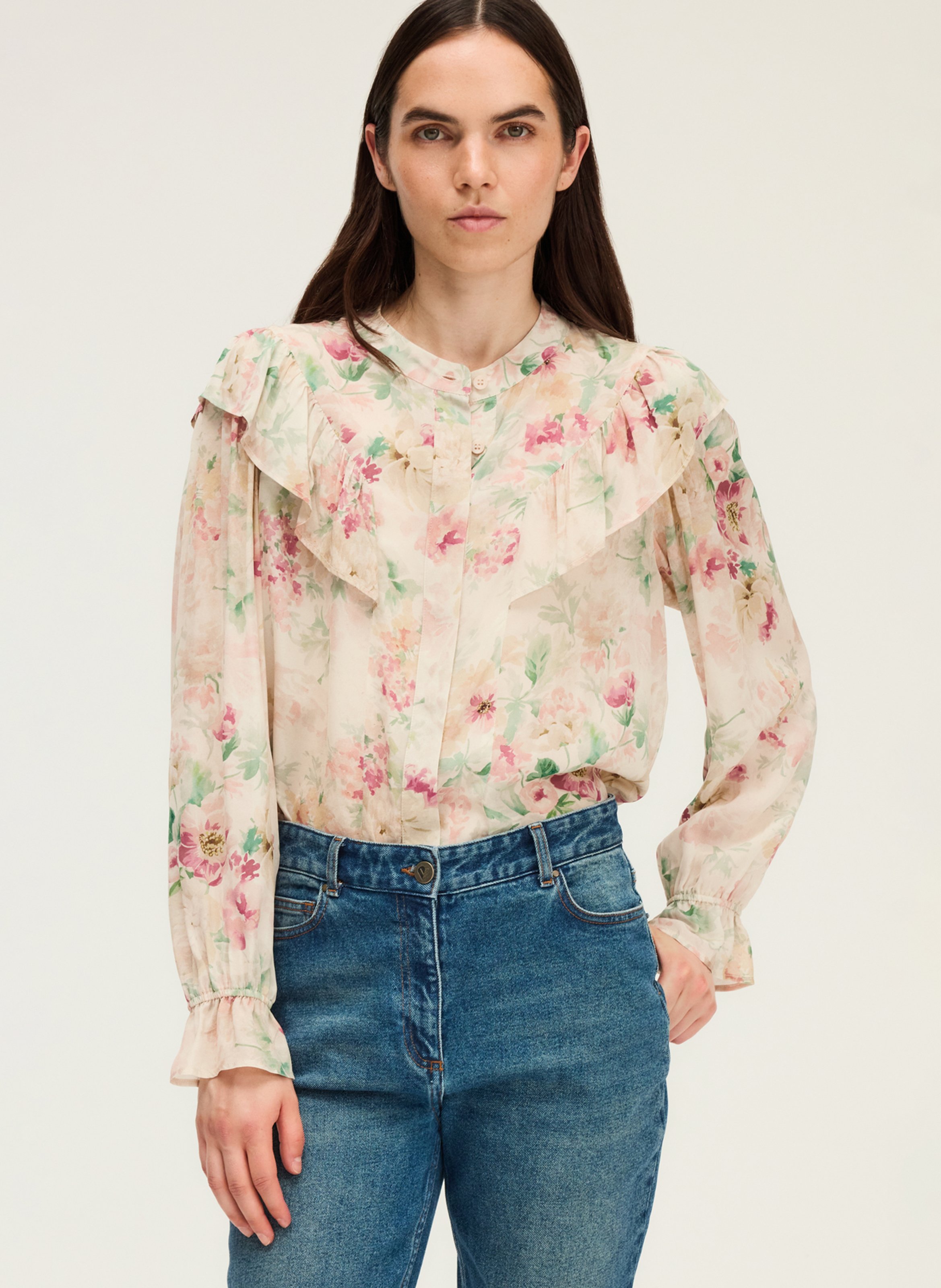 Chemise droite col mao fleuri PABLO Beige