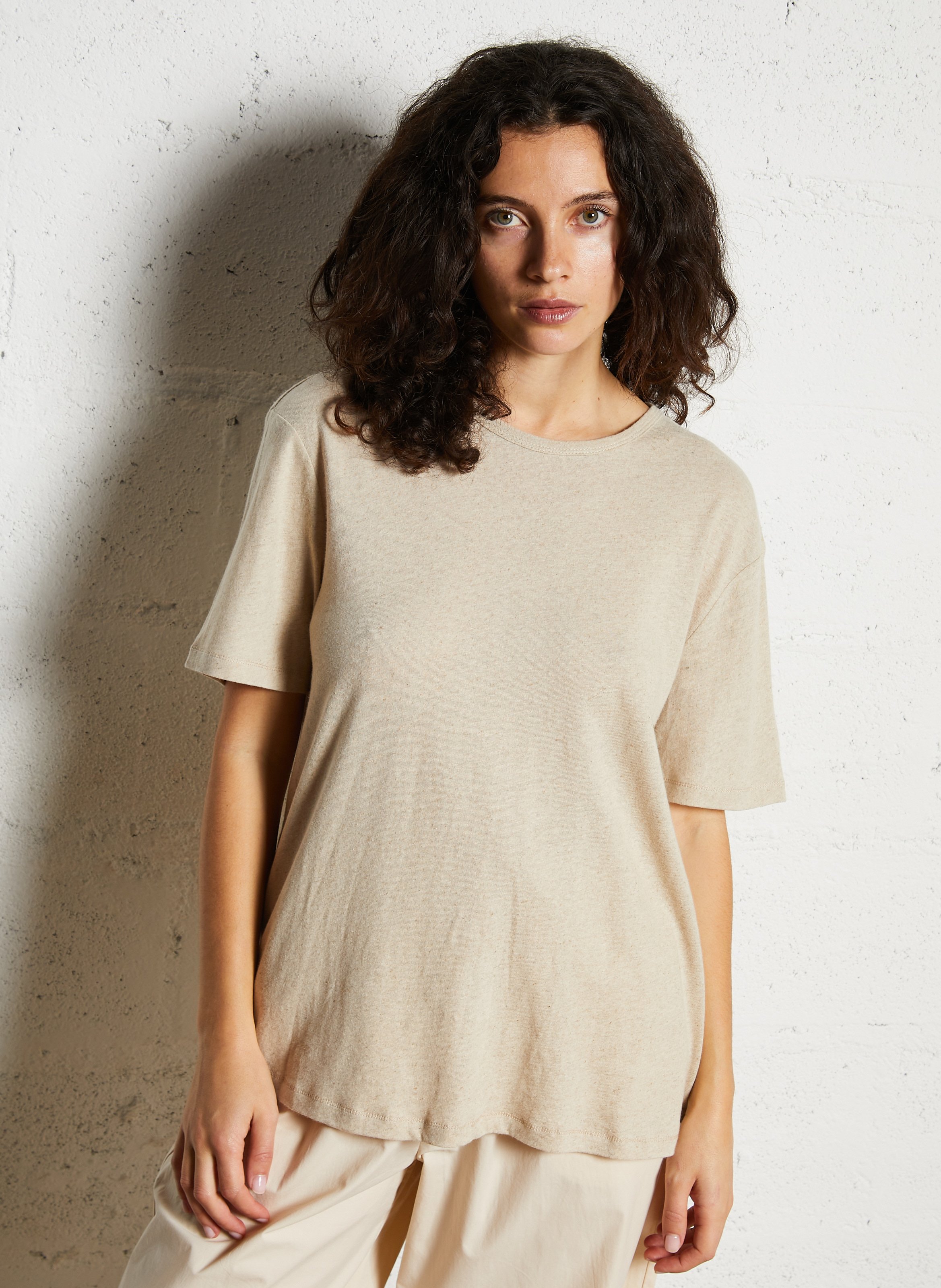 Tee-shirt droit col rond en lin et coton JC SOPHIE Beige