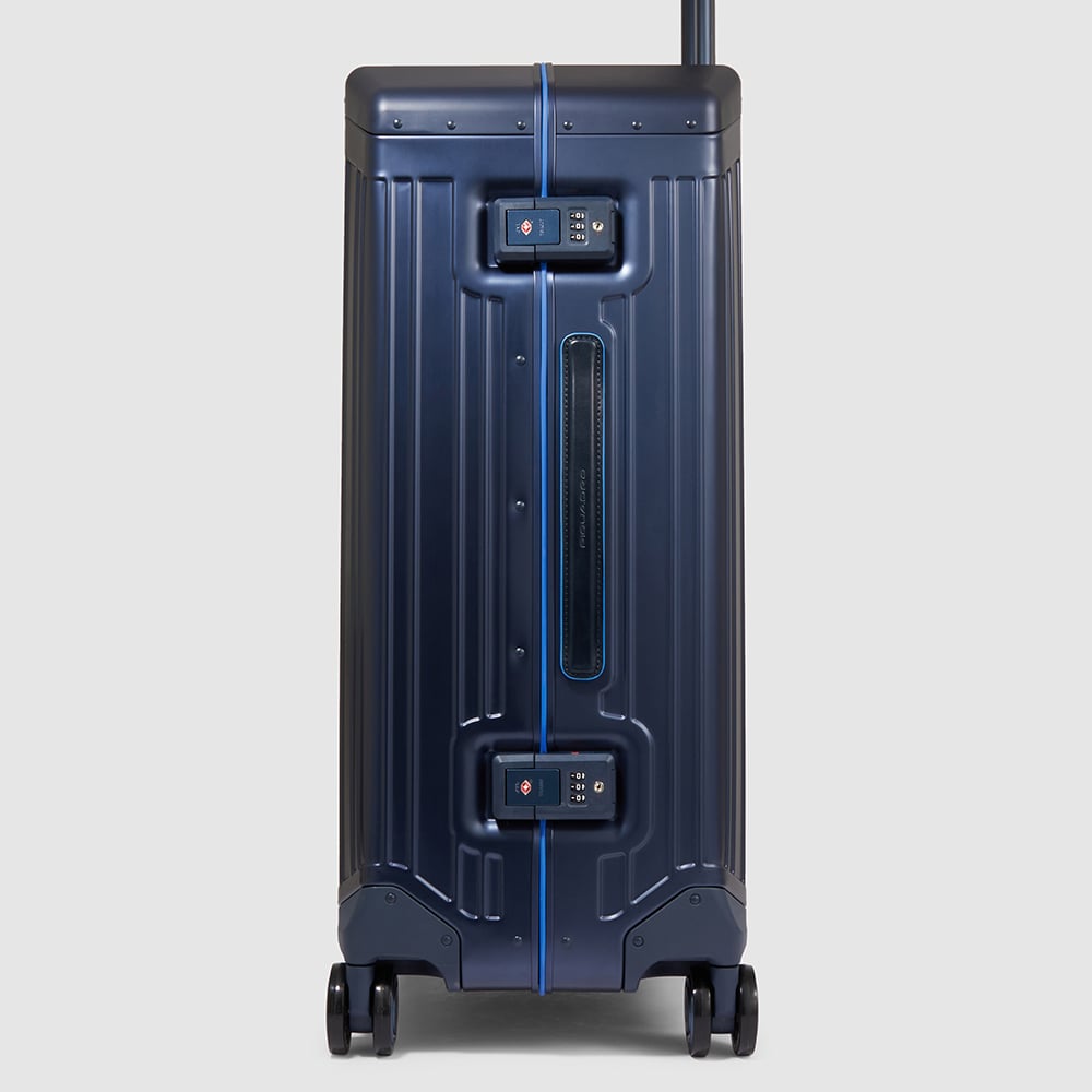 Medium 4-wheel aluminum and leather trolley suitcase with TSA lock and waterproof cover PIQUADRO Blue