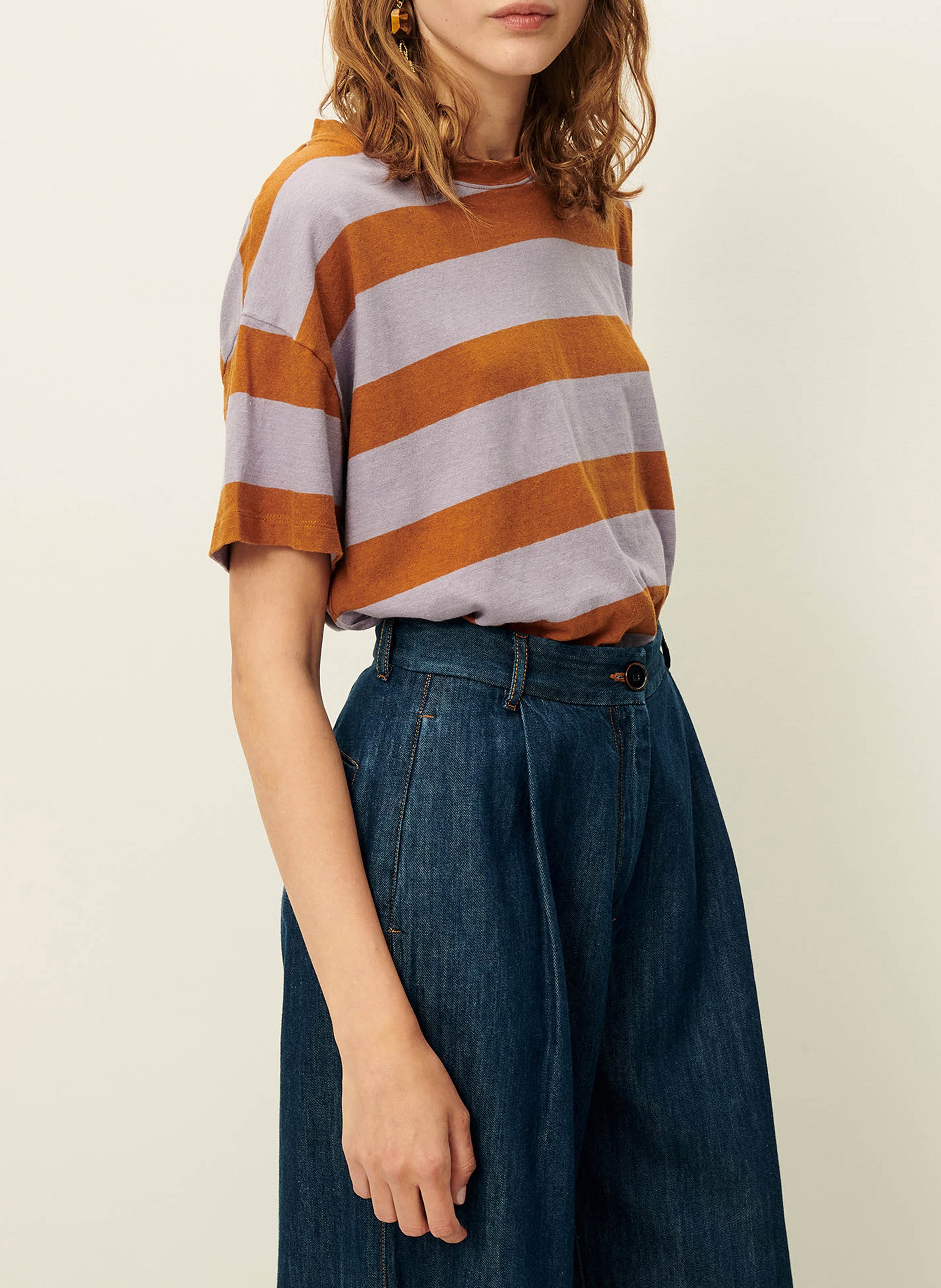 Tee-shirt ample col rond en coton mélangé rayé SESSUN Violet