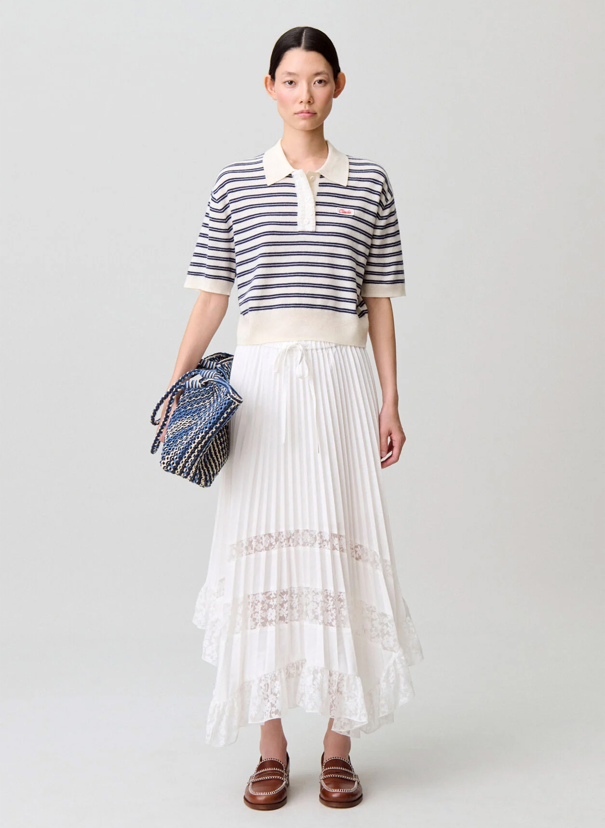 Jupe longue plissée à dentelle CLAUDIE PIERLOT Beige