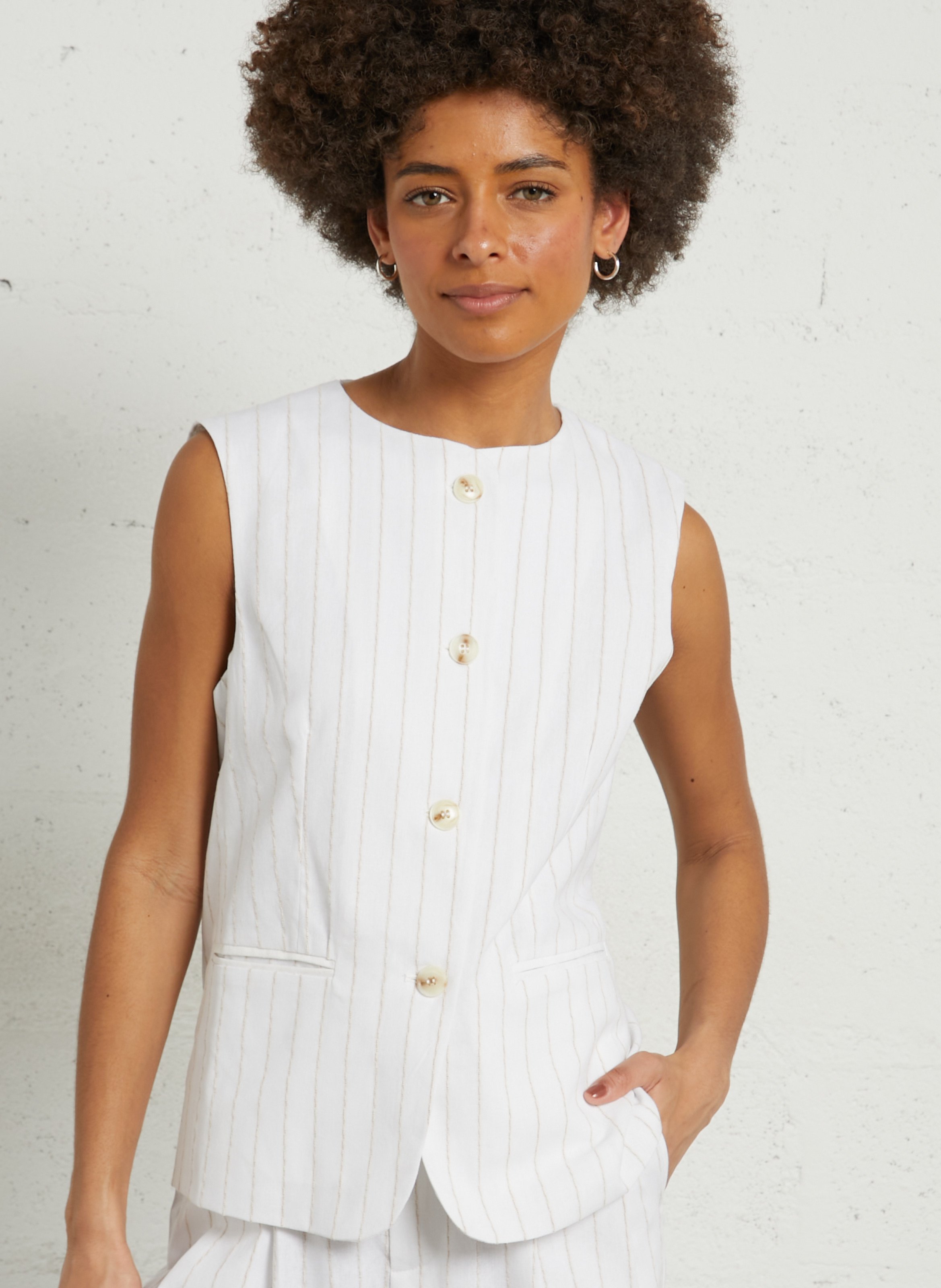 Straight striped cotton and linen vest THE KORNER White