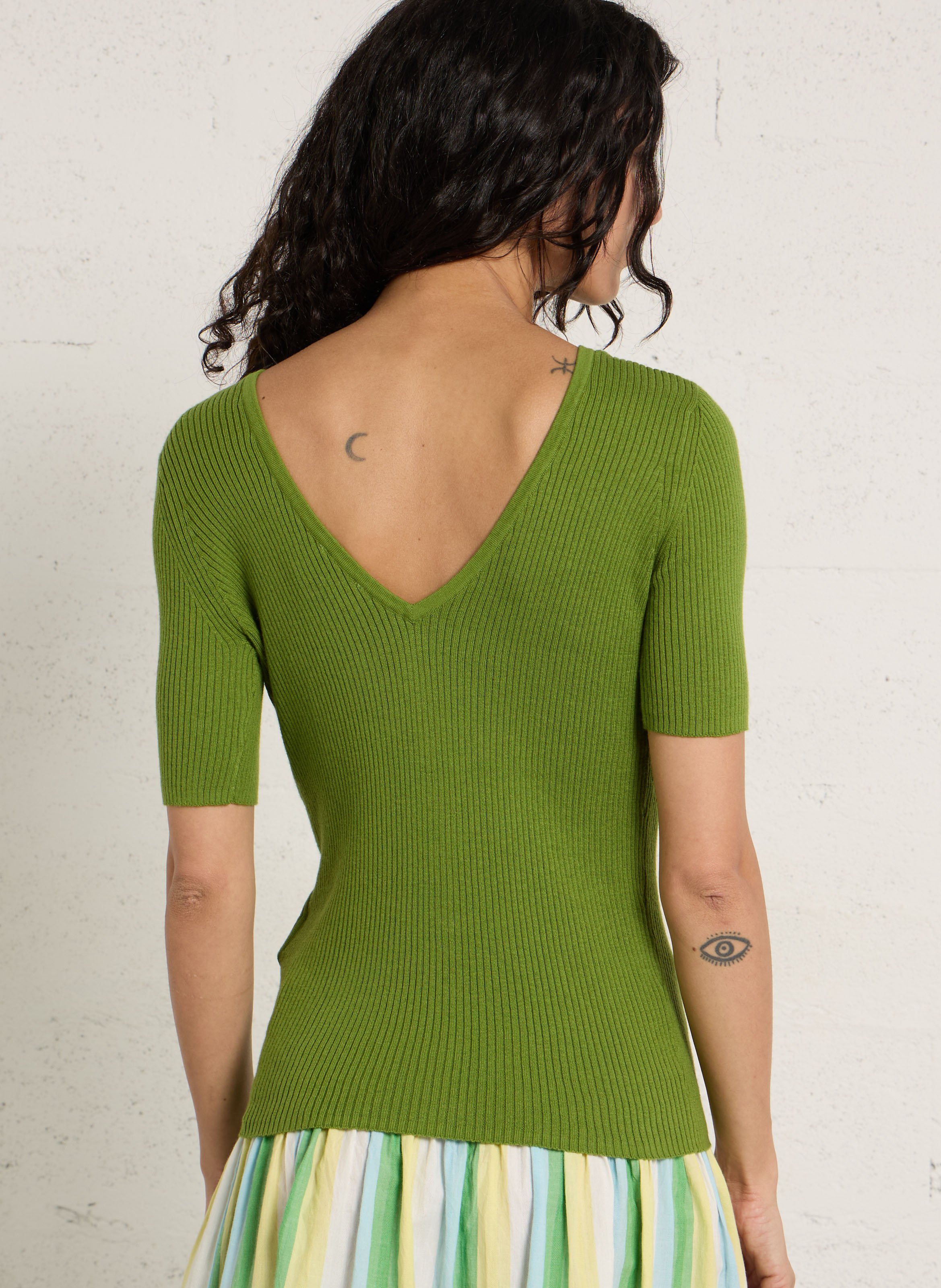 Pull moulant col V en coton mélangé PETITE MENDIGOTE Vert