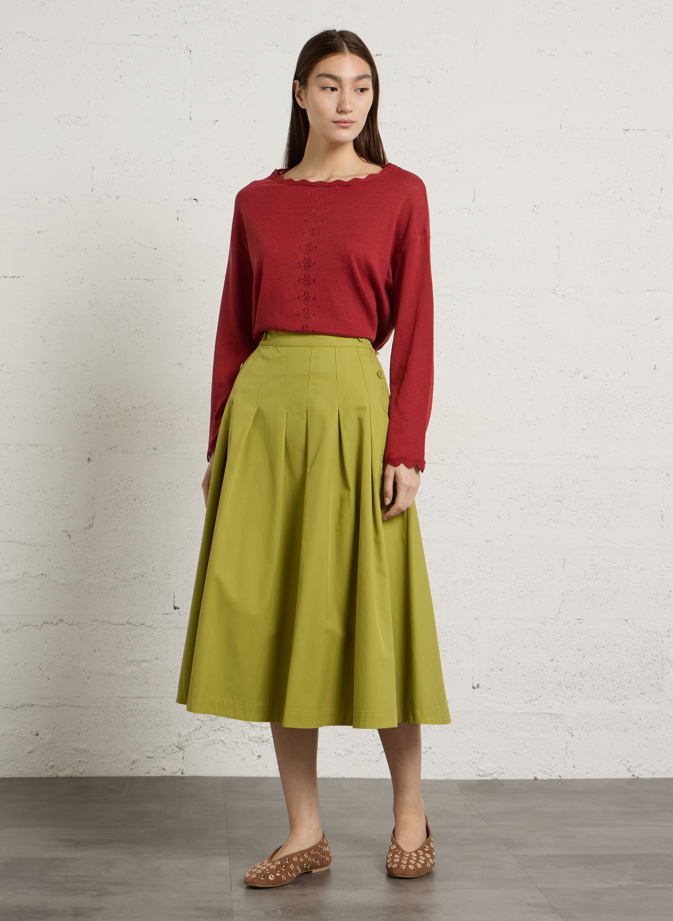 Pleated midi skirt in blended cotton. PETITE MENDIGOTE Green