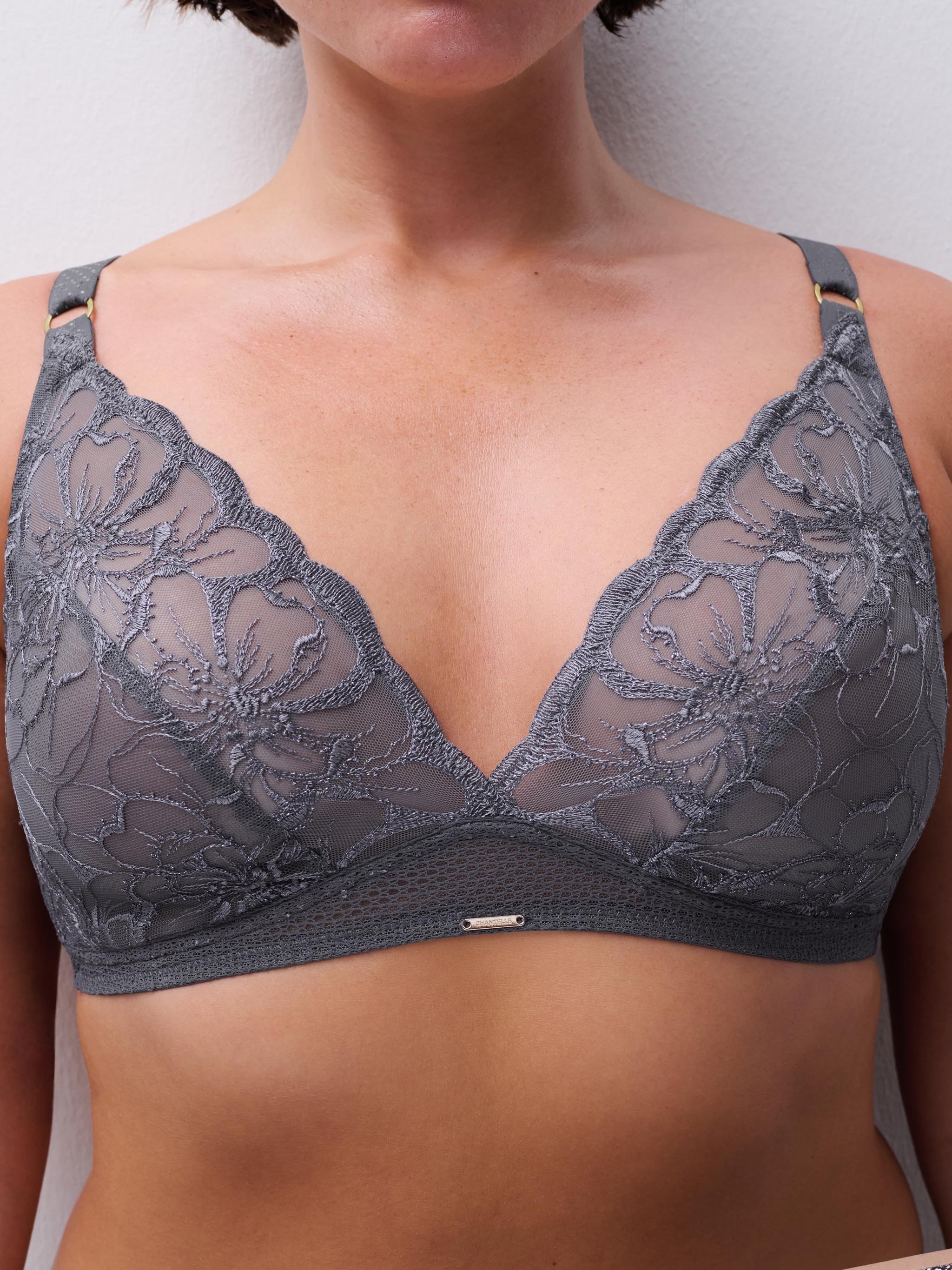Soutien-gorge sans armature triangle broderie florale CHANTELLE Gris