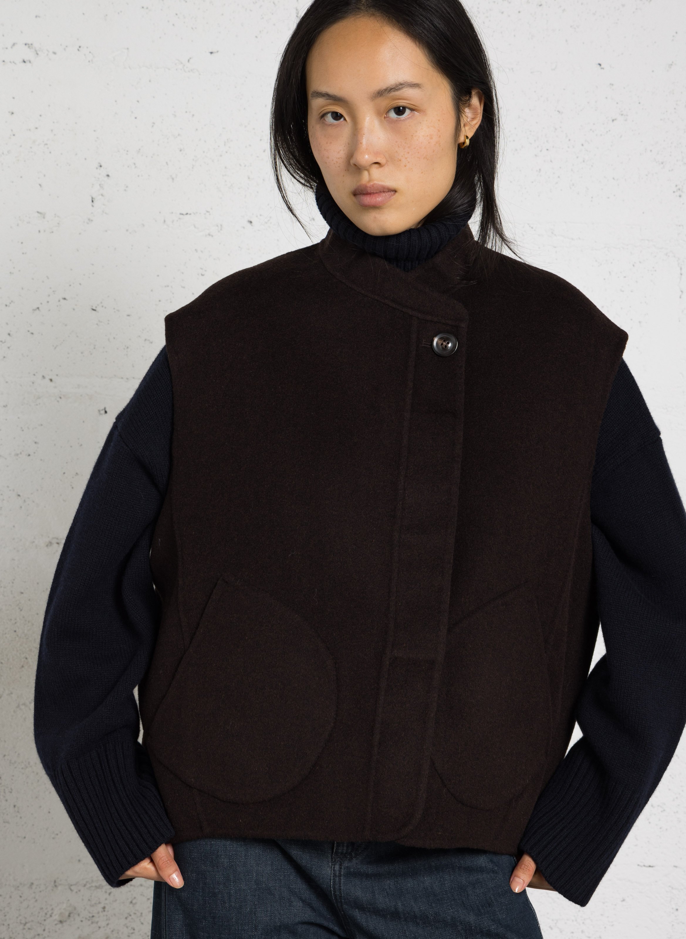 Short high-neck wool blend jacket SOEUR Brown