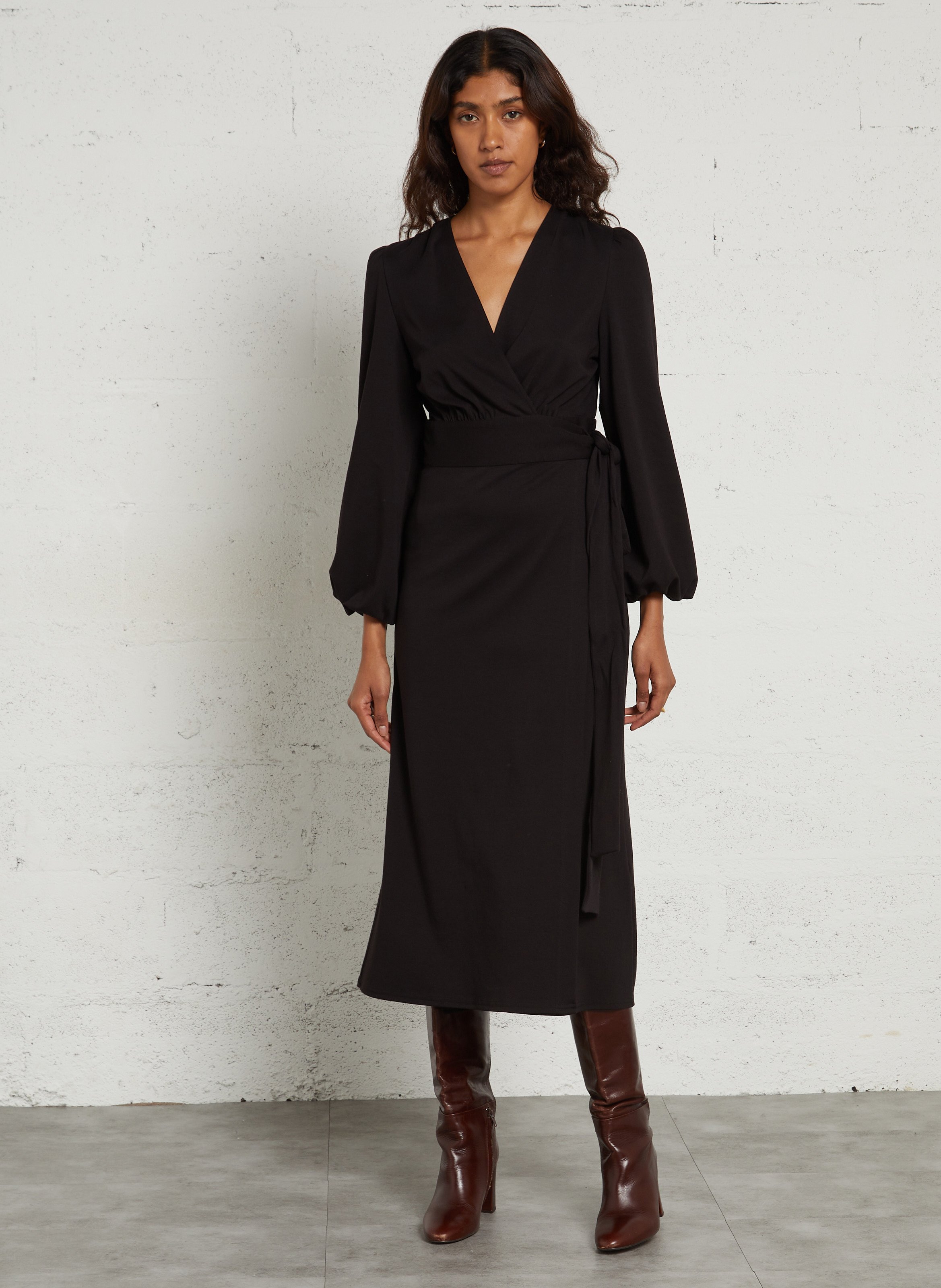 Robe longue portefeuille en coton mélangé MAISON 123 Noir