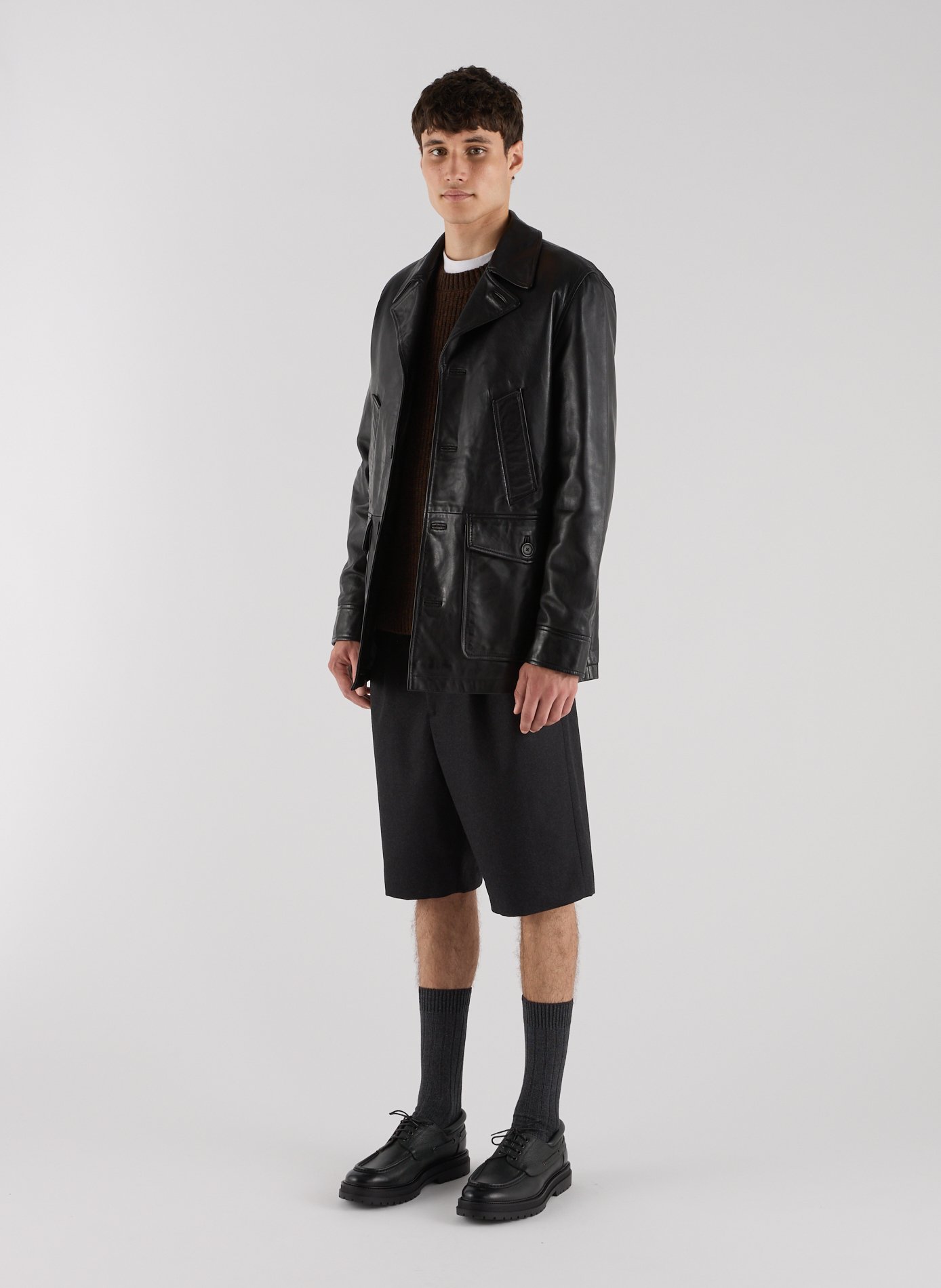 Straight-cut leather jacket with tailored collar SAISON 1865 Black