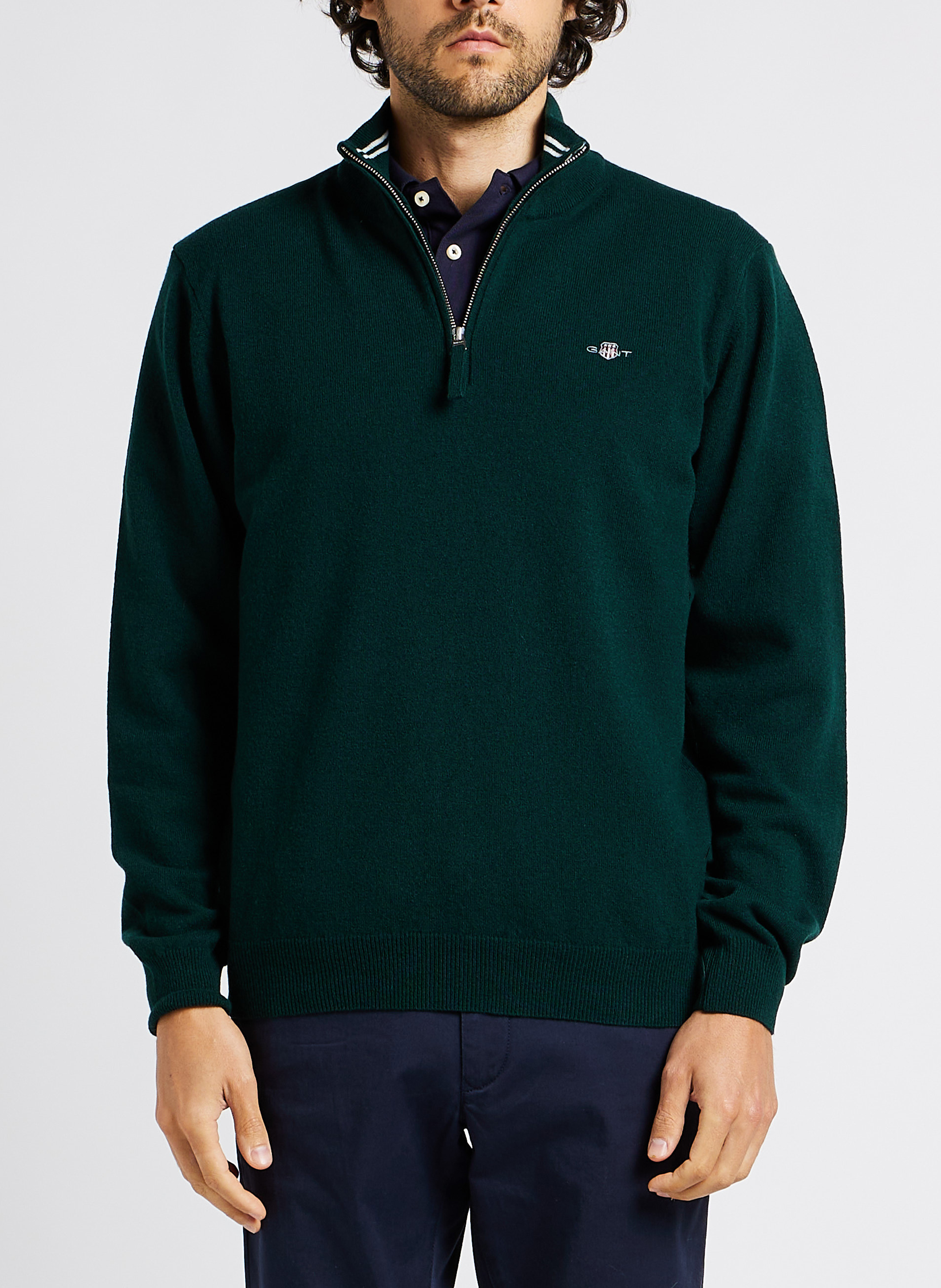 Pull droit col montant zippé en laine GANT Vert