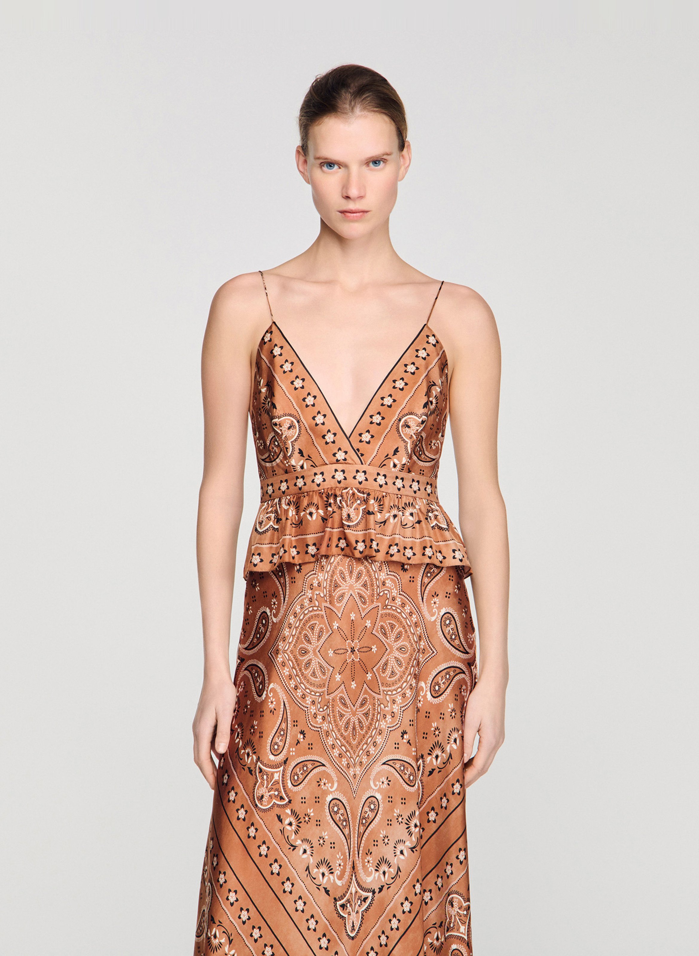 Lange jurk met V-hals SANDRO Bruin