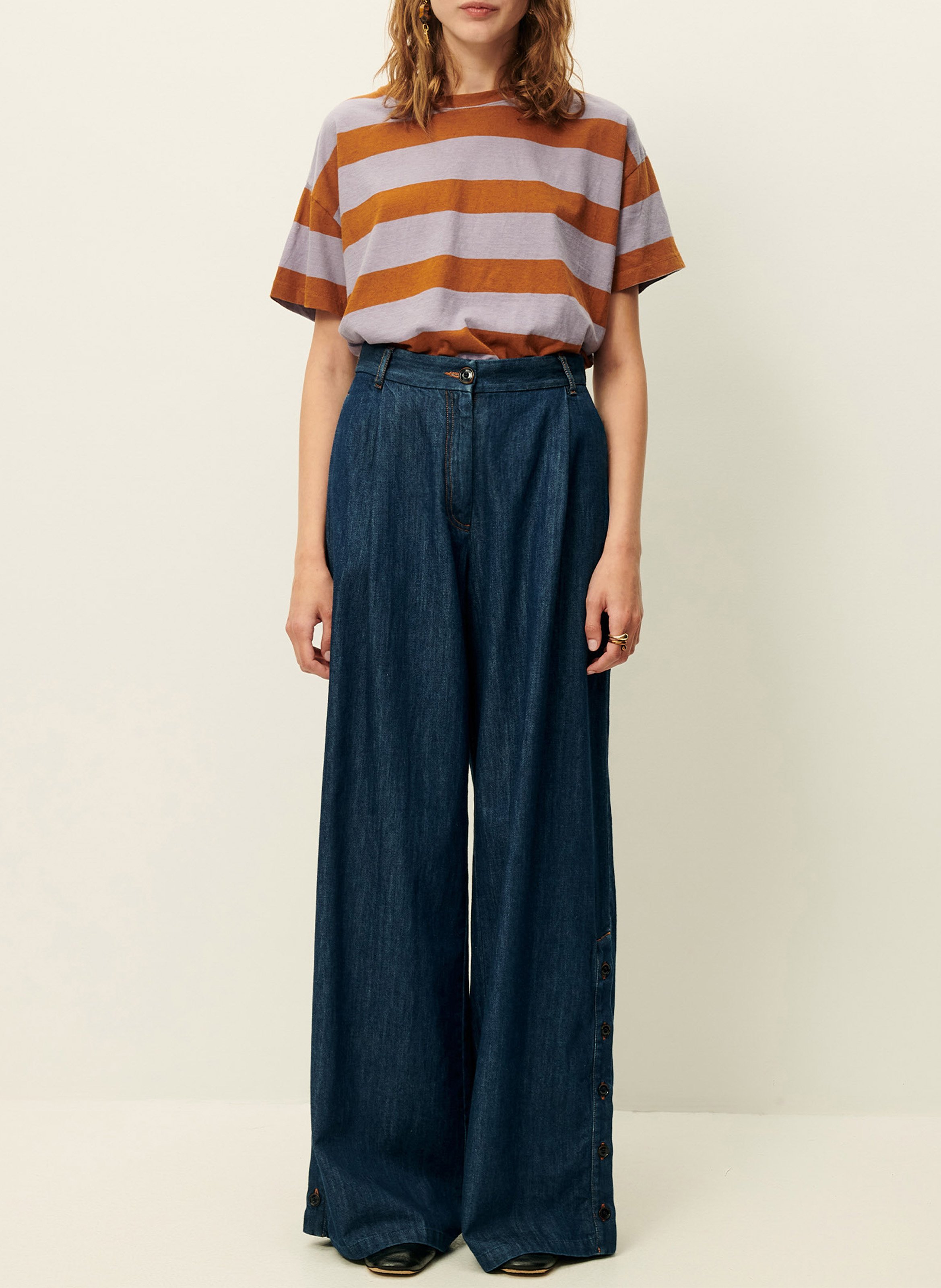 Tee-shirt ample col rond en coton mélangé rayé SESSUN Violet