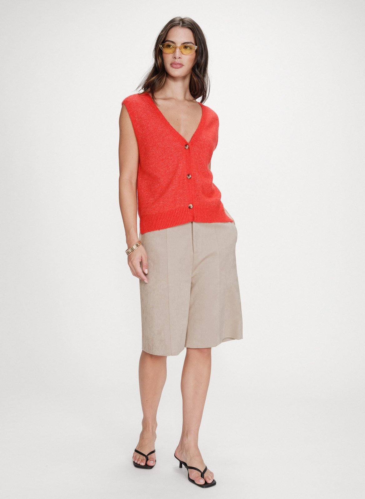 Sleeveless V-neck solid cardigan GRACE ET MILA Red