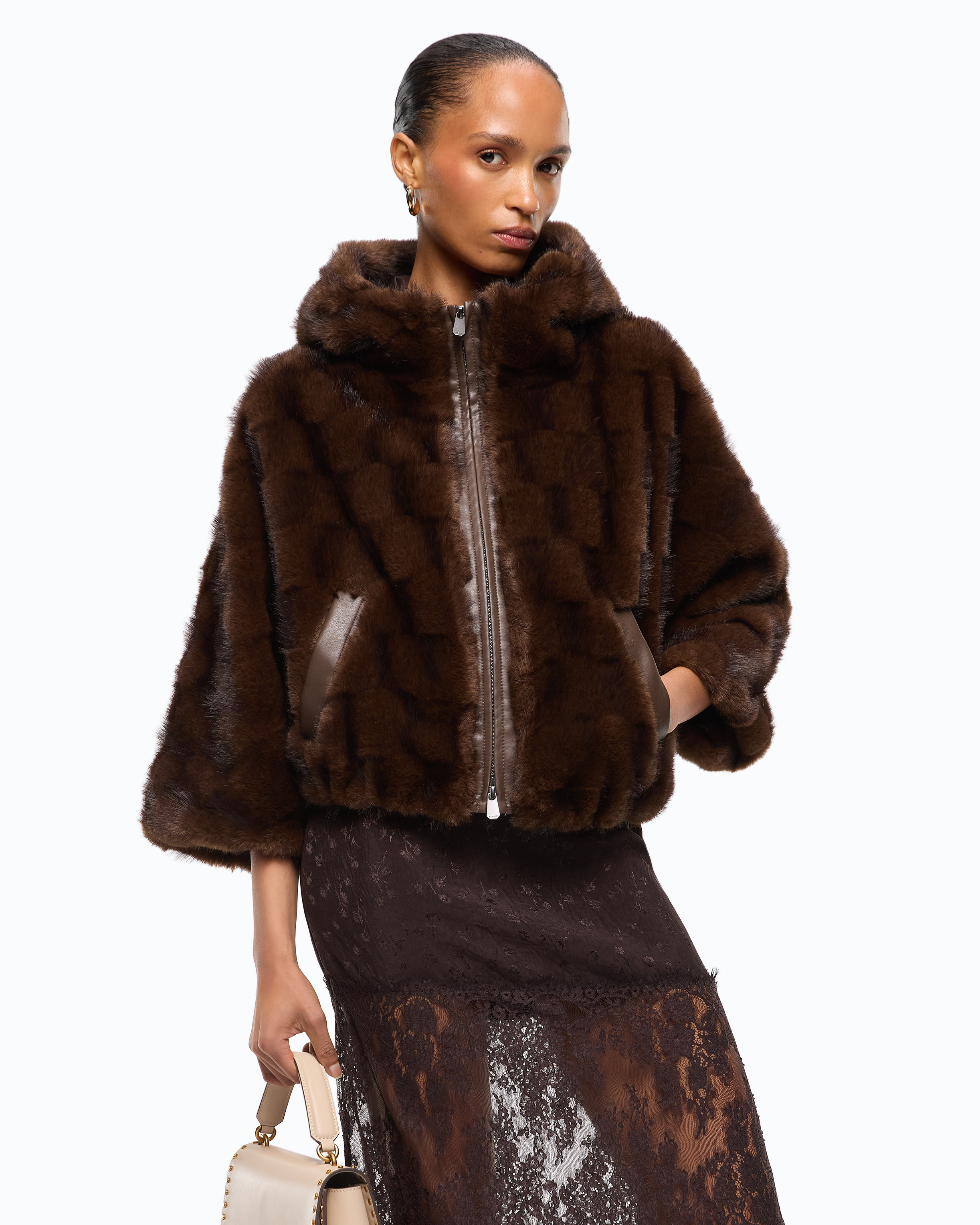 Veste à capuche en fourrure synthétique PINKO Marron